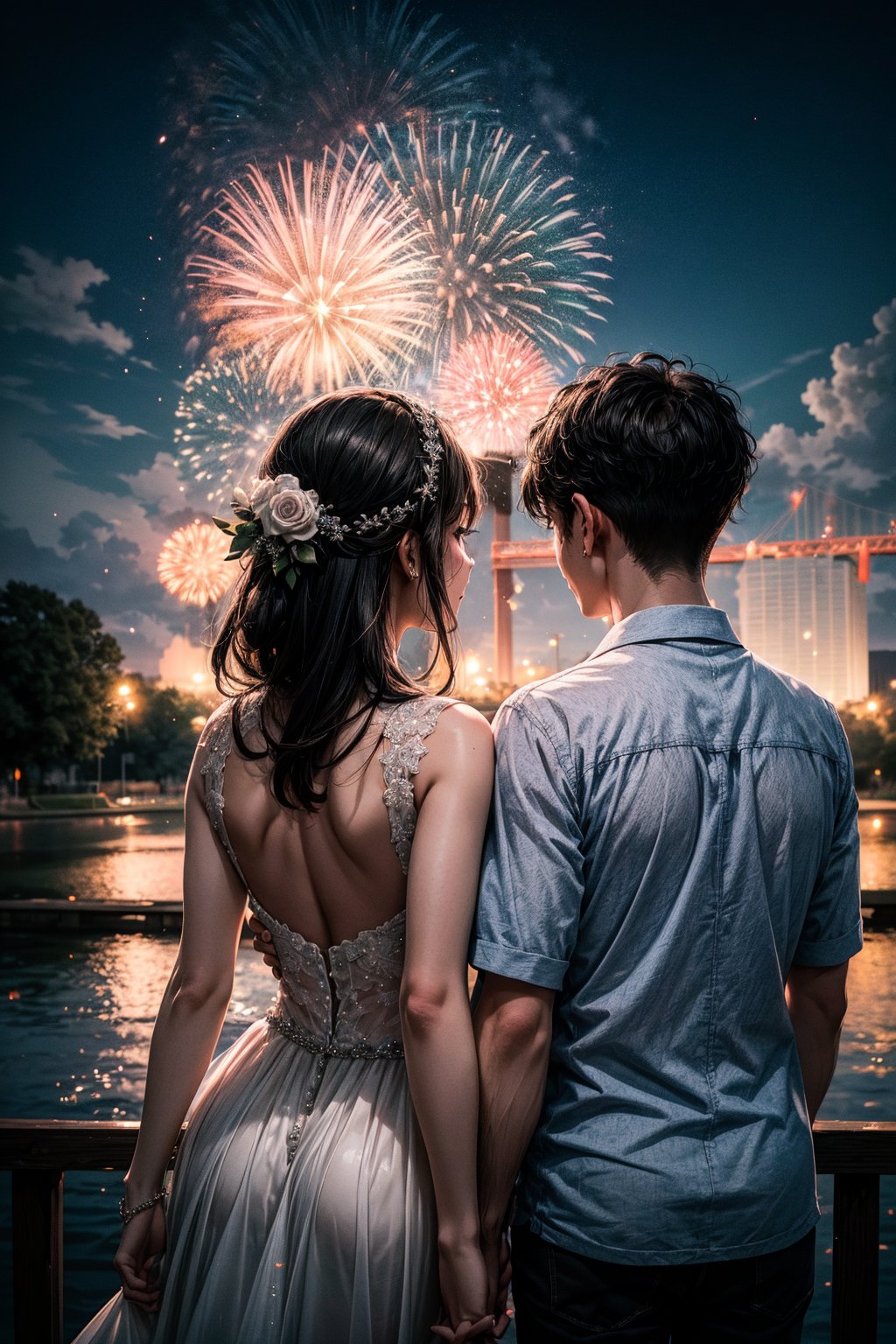 A couple getting married, outdoor, landscape, fireworks in a sky, (From behind:1.2). Raw photo, depth of field, UHD, retina, masterpiece, super detail, high details, high quality, award winning, best quality, highres, 