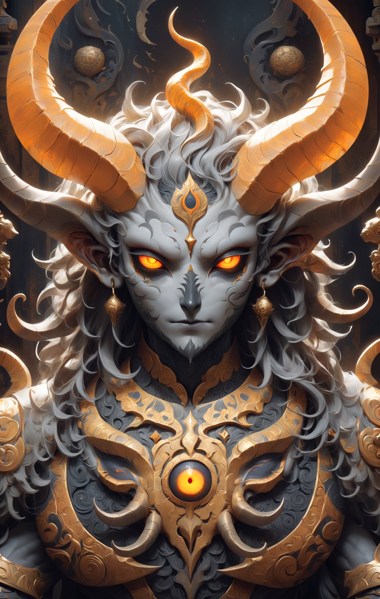 Create image of a symmetrical, fantastical being with an intricate design, blending organic and ornamental elements. The creature features ram-like, spiraling horns that are thick at the base and taper towards the tips. Between the horns lies a decorative, mandala-like pattern in light tones, mimicking the outline of a third eye. The being's face is humanoid but otherworldly, pale with sharp, darkened eye sockets that house glowing, orange eyes. Its nose is subtle, and its mouth forms a small, grimacing smile. Directly below, similar ornamental patterns repeat, with glowing orange accents resembling eyes.

The entity's shoulders and torso seem to form a dark, armor-like carapace, adorned with similar organic decorations and faint hints of reflective, metallic surfaces, suggesting hard, chitinous material. The color palette is dominated by dark greys, browns, and blacks, with strategic use of an orange glow to emphasize eyes and patterns, giving the impression of an inner fire. The background blends seamlessly into the figure, echoing the dark and mysterious atmosphere with hints of similar patterns and shapes, suggesting an environment that is as decorated and alive as the being itself.

The artwork has a baroque feel, rich in detail and ornamentation, with a balance between the fierce and the delicate. The proportions emphasize the creature's majestic presence, with the spiraling horns and decorative patterns adding to its height and the imposing quality of its visage.