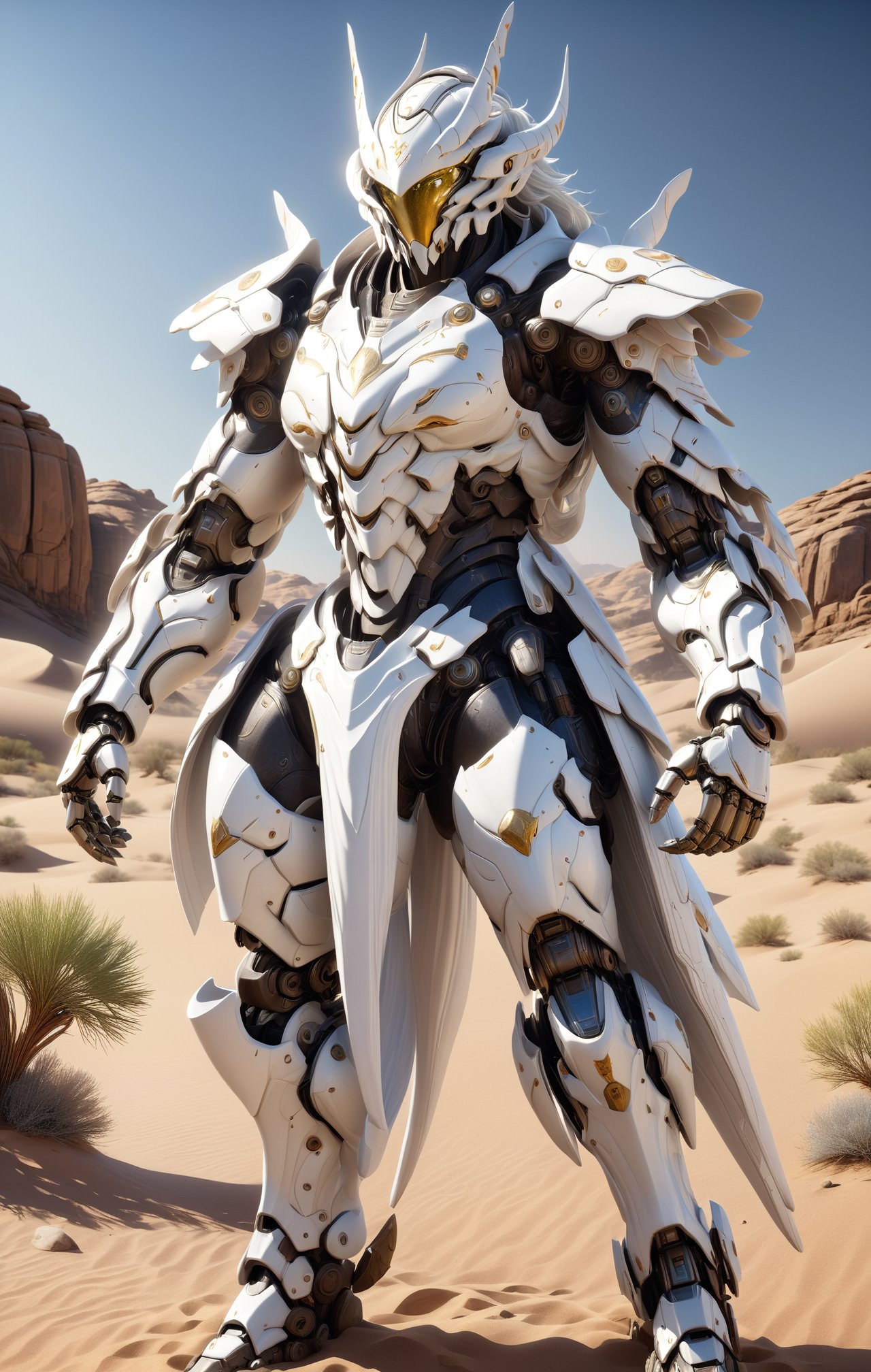 Masterpiece, Create a full body length of a warrior. In a desert.  Mechanical Armor. White armor. Firefly from: Star Rail. Extremely Realistic, Hyper Detailed, High quality, Cinematic Lighting Photography, nvidia rtx, super-resolution, unreal 5, subsurface scattering, pbr texturing, 32k UHD, Photorealistic, Hyperrealistic, Detailed, Octane, iso300.