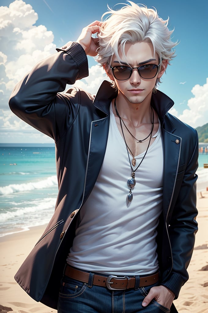 anime character with short hair and a white jacket, with white hair, anime handsome man, wearing king's crown, sunglasses, blue eyes, glowing eyes, royal styled, male anime character, 1boy, solo, suoh mikoto, the beach background, (day), smirk, cowboy shot, dynamic lighting,FUTURISTIC,Futuristic