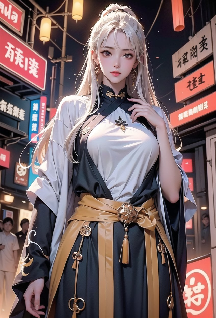 Sexy Pose , (masterpiece),(solo), 1 Japanese beauty, white hair ,  (high sexual attraction,long hair), in the dark night, (sexy Chinese Hanfu+body implants) ,(highly detailed background of ancient Indian achitechture with neon lights) ,Cyberpunk,Enhance,  Chinese fantasy art