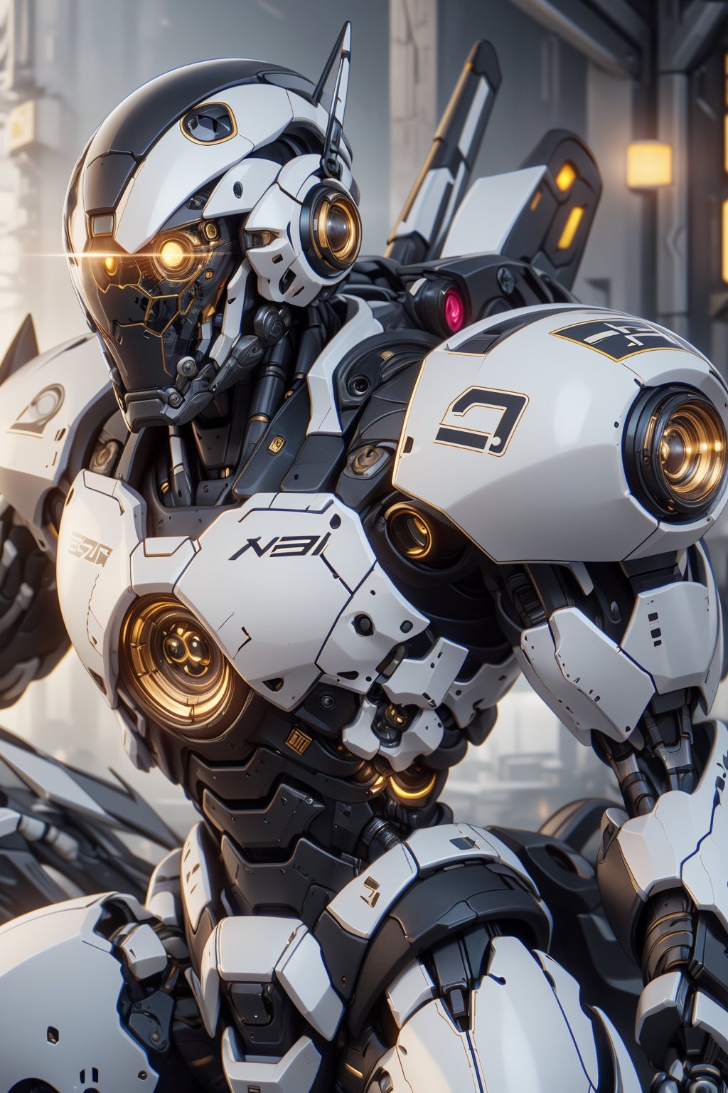 Create an poster image full lenght of a white dragon Robot Mecha Soldier, wearing Futuristic gold and white Soldier Armor and Weapons, Reflection Mapping, Realistic Figure, Hyper Detailed, Cinematic Lighting Photography, hdr, ray tracing, nvidia rtx, super-resolution, unreal 5, subsurface scattering, pbr texturing, post-processing, anisotropic filtering, depth of field, maximum clarity and sharpness, hyper realism, depth of field --ar 51:64 --niji 6 --style raw