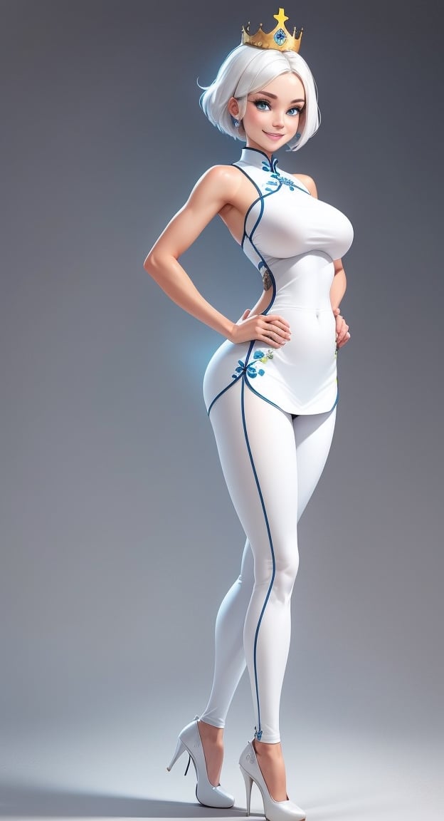 create a full body length of a 1girl, solo, young woman, huge boob, short hair, white hair, blue eyes, smiling, female focus, wearing queen crown, sleeveless, white cheongsam, short cheongsam, wearing leggings, wearing high heel, front side view, standing confidently with spread leg and hands on hip