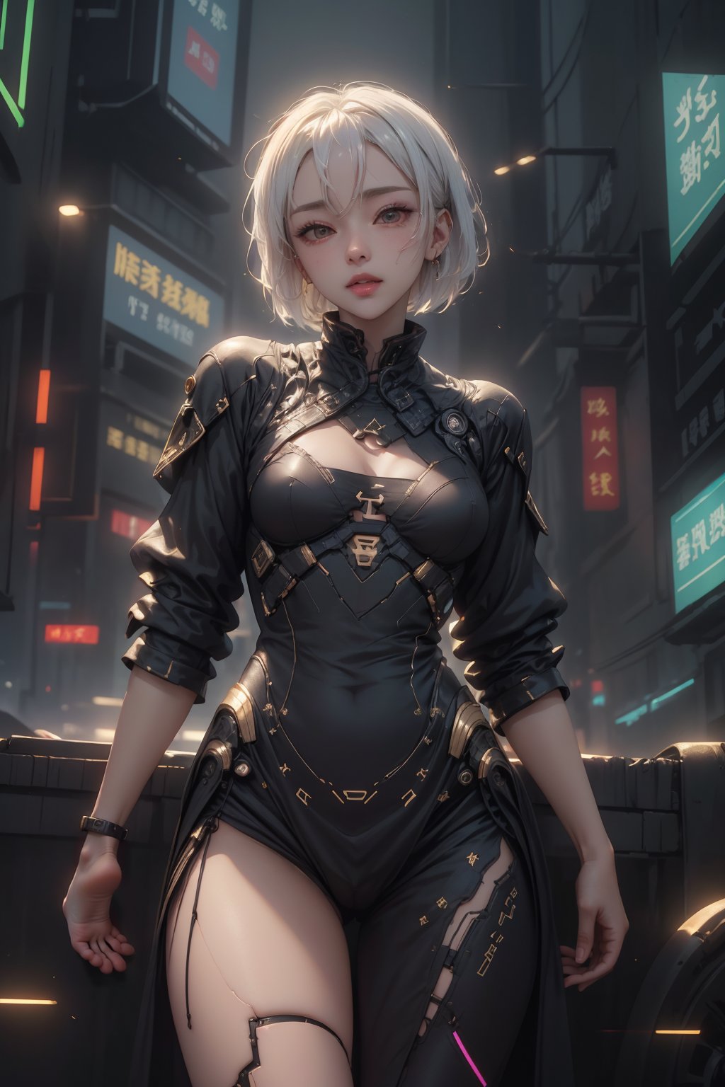 Sexy Pose , (masterpiece), (solo), 1 Japanese beauty, White hair ,  (high sexual attraction, short hair), in the dark night, (sexy white and gold Chinese Hanfu+body implants) ,(highly detailed background of ancient Indian achitechture with neon lights),Futuristic