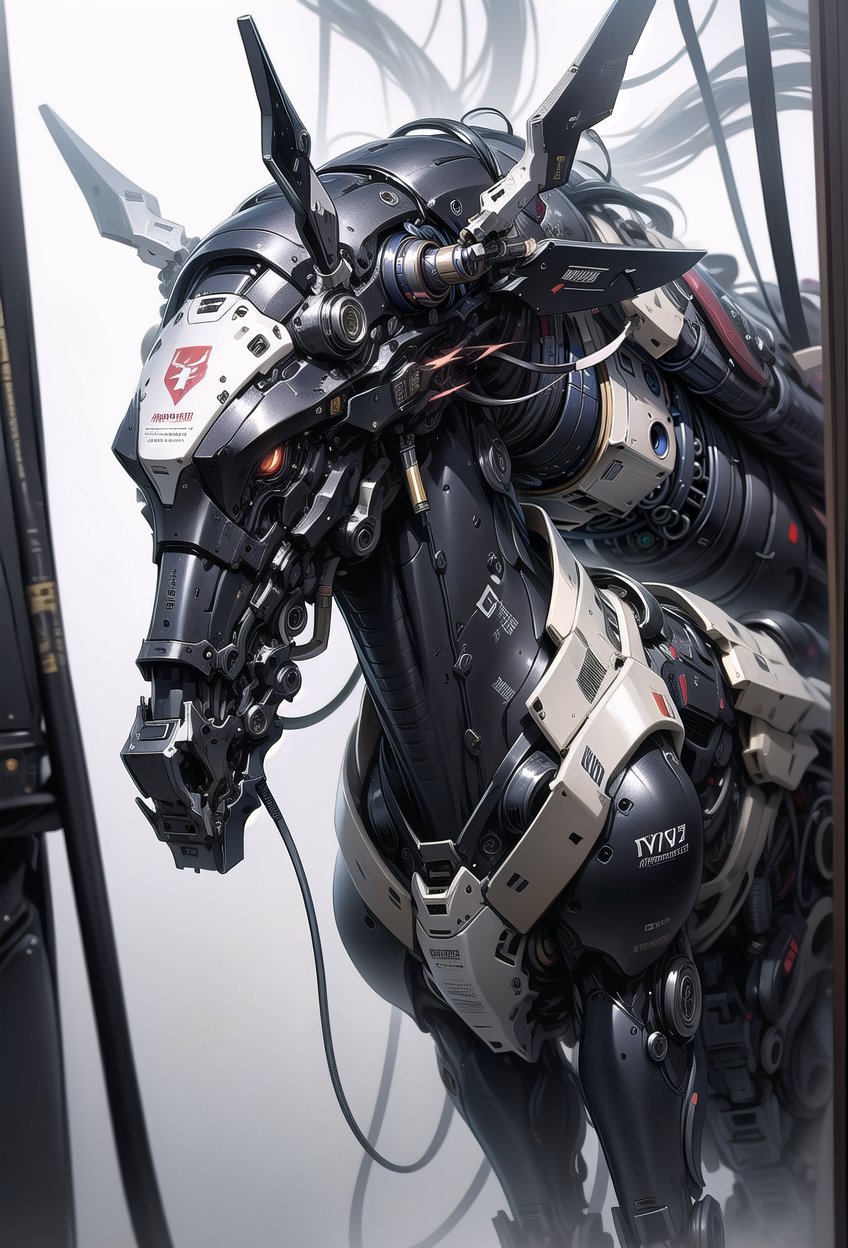 imagine cyberbots chrome skin enforcement horse robot with his android rider, glass porcelain intricate mechanical detail, iconic photography, --niji 6 --sty --niji 6 --style raw