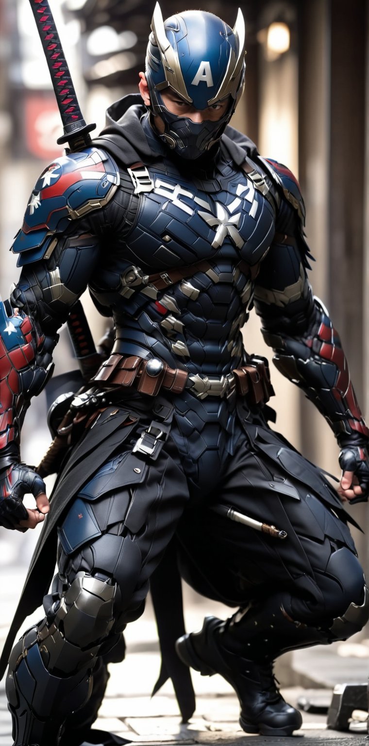 solo, 1boy, full body, weapon, male focus, sword, armor, blurry, bodysuit, mask, blurry background, squatting, katana, sheath, sheathed, japanese armor, one knee, superhero, weapon on back, captain america 
web print