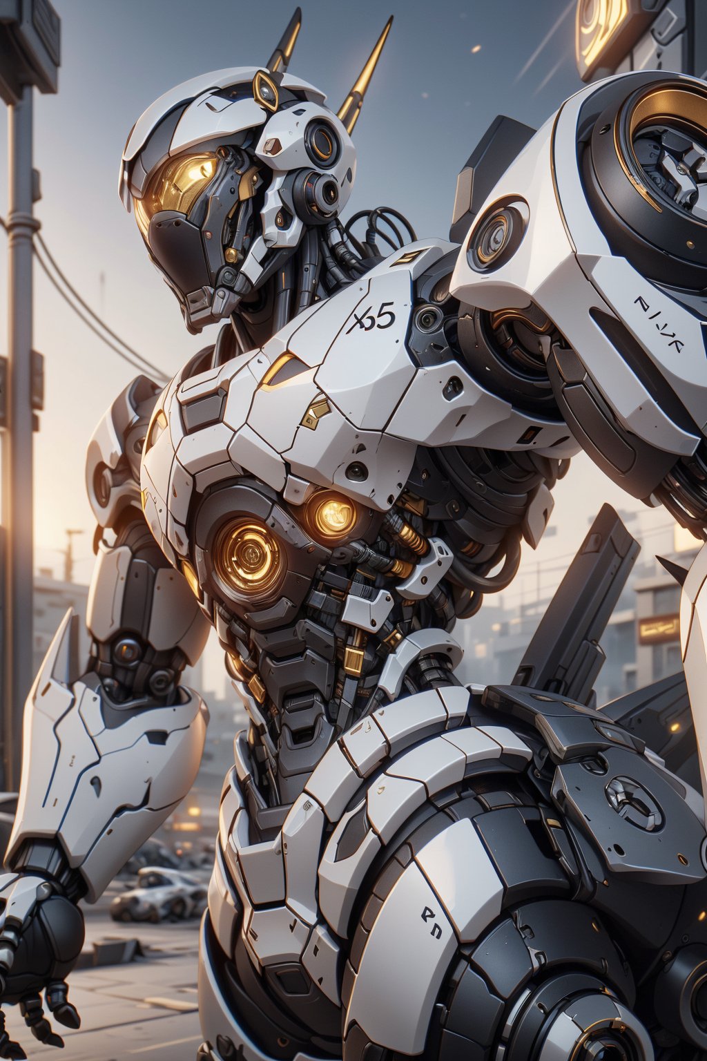 Create an poster image full lenght of a white dragon Robot Mecha Soldier, wearing Futuristic gold and white Soldier Armor and Weapons, Front View, Bring The Weapon, Reflection Mapping, Realistic Figure, Hyper Detailed, Cinematic Lighting Photography, hdr, ray tracing, nvidia rtx, super-resolution, unreal 5, subsurface scattering, pbr texturing, post-processing, anisotropic filtering, depth of field, maximum clarity and sharpness, hyper realism, depth of field --ar 51:64 --niji 6 --style raw