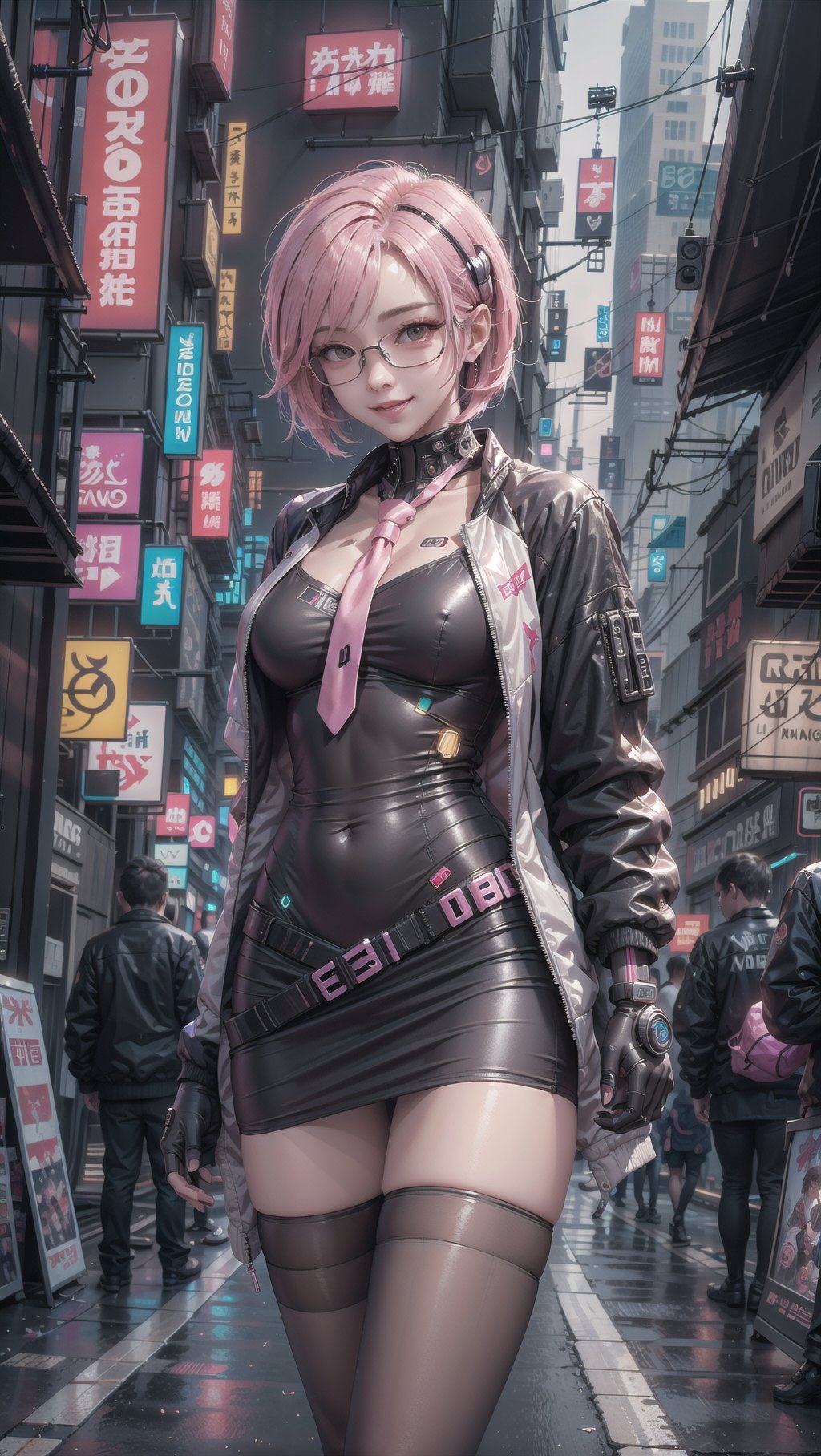 (masterpiece), best quality, high resolution, highly detailed, detailed background, perfect lighting, 1girl, pink hair, short hair, slender, medium breasts, smile, blush,  glasses, jacket, short dress, necktie, between_breasts, pantyhose, (cyberpunk:1.4), street, night, city, outdoor, sci-fi, futuristic clothes, ,Futuristic