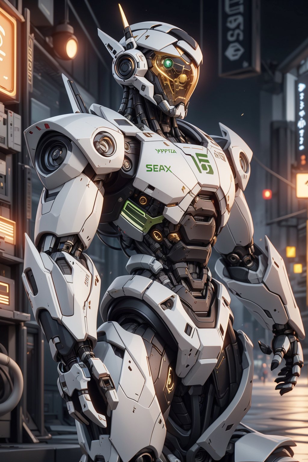 Create an poster image full lenght of a white dragon Robot Mecha Soldier, wearing Futuristic gold and white Soldier Armor and Weapons, Front View, Bring The Weapon, Reflection Mapping, Realistic Figure, Hyper Detailed, Cinematic Lighting Photography, hdr, ray tracing, nvidia rtx, super-resolution, unreal 5, subsurface scattering, pbr texturing, post-processing, anisotropic filtering, depth of field, maximum clarity and sharpness, hyper realism, depth of field --ar 51:64 --niji 6 --style raw