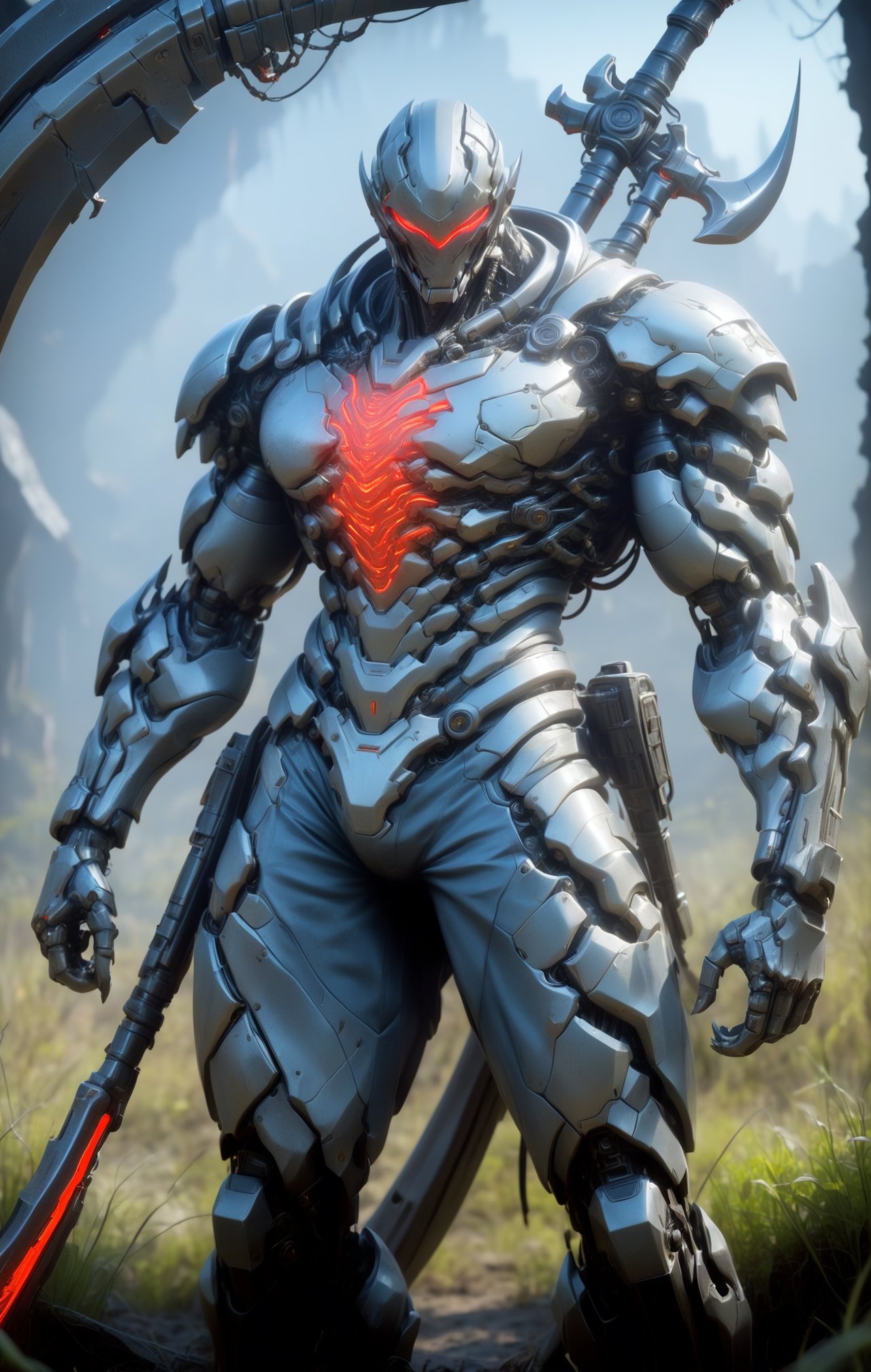 A futuristic sci-fi scene featuring the neon man, a mysterious figure with intricate details on his skin and armor, standing in an eerie overgrown field. The air is electric as he swings a majestic scythe with a steel chain handle, illuminating the darkness with a mesmerizing neon red glow. In the background, remnants of a forgotten civilization loom large, shrouded in shadows and mystery. Cinematic film still, dark fantasy, high budget, shallow depth of field, vignette, highly detailed, bokeh, cinemascope, moody, epic, gorgeous, film grain, grainy