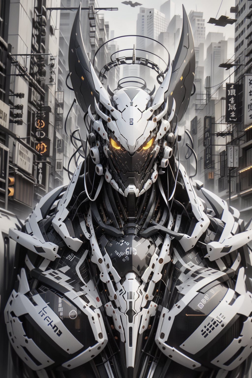 an image of a demon with a sword, sexy muscular body, greek god in mecha style, huge horns, very symmetrical body, cg art, face of an armored villian, adopt, by An Zhengwen, father figure image, also symmetrical, barren, official print, characters merged, old skin,Sci Fi 