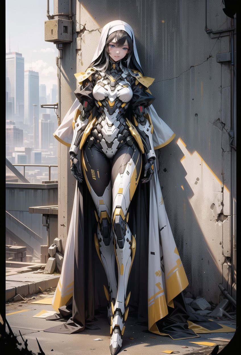 Elegant Girl, One Mecha Girl, Full Body Portrait, Humanoid Nun Mecha, Dark, Si-Fi, post apocalype, Sky Blue Eyes, Nun style Mecha, Extreme Detailed, Realistic, Black and Gold, beautiful Leg.Elegant Girl, One Mecha Girl, Full Body Portrait, Humanoid Nun Mecha, Dark, Si-Fi, post apocalype, Sky Blue Eyes, Nun style Mecha, Extreme Detailed, Realistic, Black and Gold, beautiful Leg.,FUTURISTIC