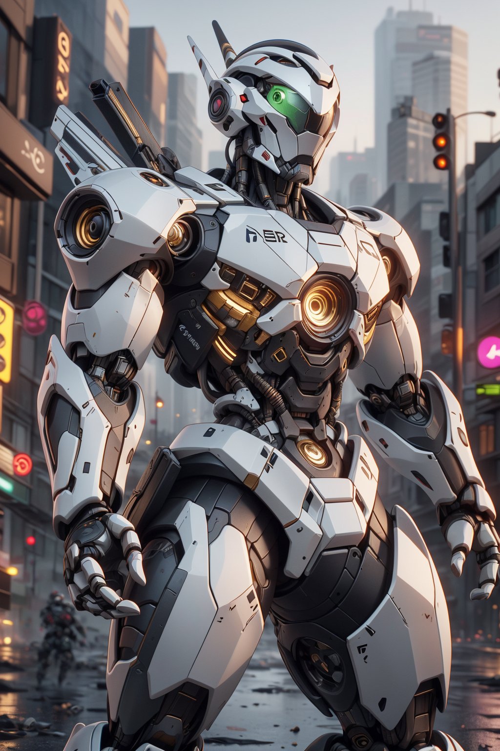 Create an poster image full lenght of a white dragon Robot Mecha Soldier, wearing Futuristic gold and white Soldier Armor and Weapons, Front View, Bring The Weapon, Reflection Mapping, Realistic Figure, Hyper Detailed, Cinematic Lighting Photography, hdr, ray tracing, nvidia rtx, super-resolution, unreal 5, subsurface scattering, pbr texturing, post-processing, anisotropic filtering, depth of field, maximum clarity and sharpness, hyper realism, depth of field --ar 51:64 --niji 6 --style raw