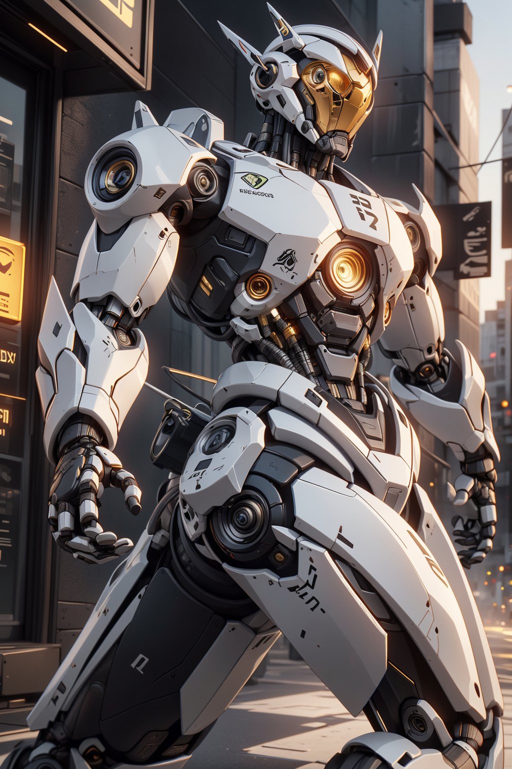 Create an poster image full lenght of a white dragon Robot Mecha Soldier, wearing Futuristic gold and white Soldier Armor and Weapons, Front View, Bring The Weapon, Reflection Mapping, Realistic Figure, Hyper Detailed, Cinematic Lighting Photography, hdr, ray tracing, nvidia rtx, super-resolution, unreal 5, subsurface scattering, pbr texturing, post-processing, anisotropic filtering, depth of field, maximum clarity and sharpness, hyper realism, depth of field --ar 51:64 --niji 6 --style raw