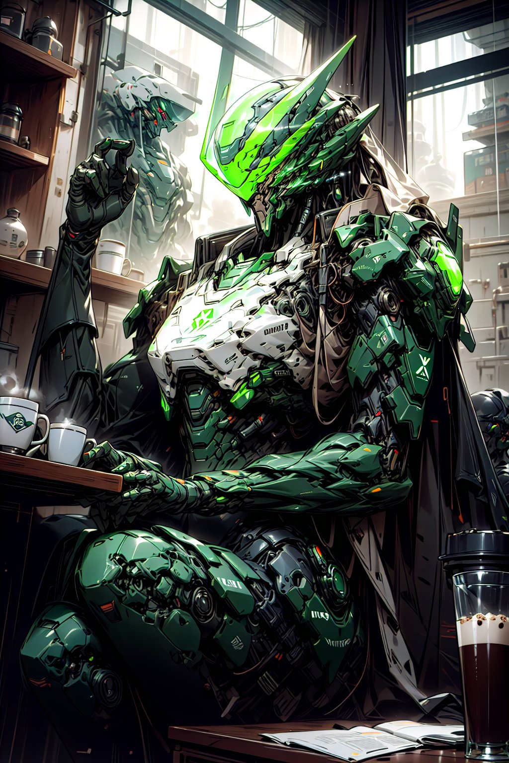 Military cyborg with human face, wear bulky metal glossy armor and green neon glass helmet. feeling cozy having cup of coffee . Style: Hyper-realistic, surreal, and cinematic. Render Engines: Vray and Octane. Lighting: Cinematic, with dramatic shadows. Pose: Dynamic cozy pose. Background: minimalist futuristic coffee house interior with other robots,Futuristic