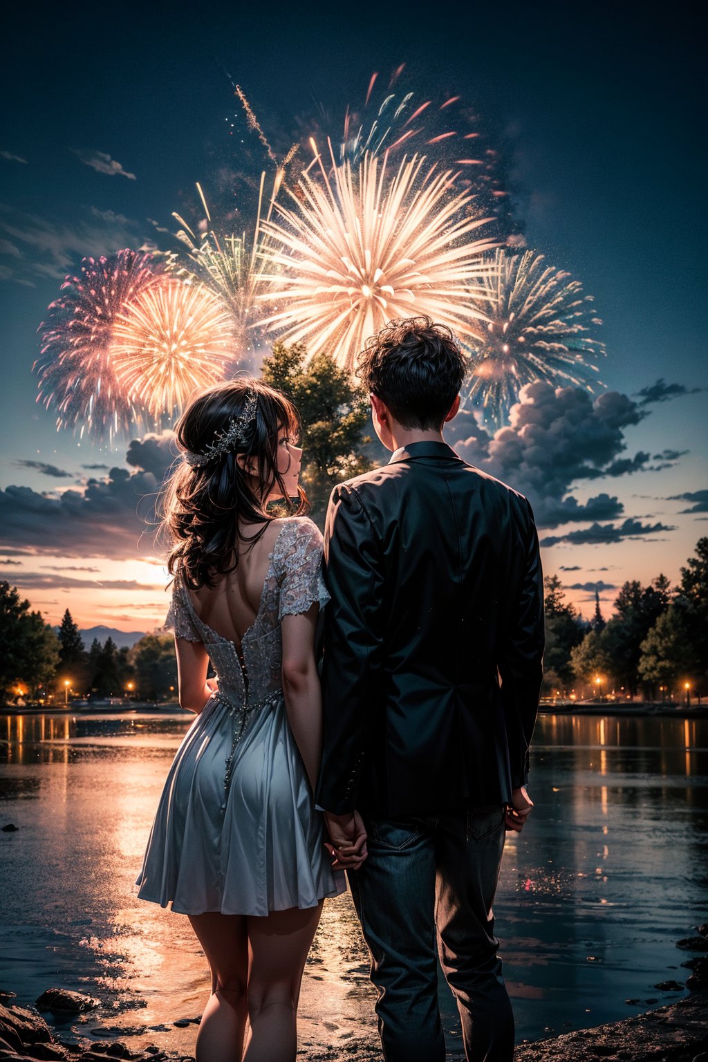 A couple getting married, outdoor, landscape, fireworks in a sky, (From behind:1.2). Raw photo, depth of field, UHD, retina, masterpiece, super detail, high details, high quality, award winning, best quality, highres, 