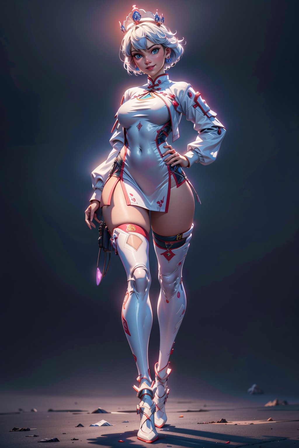 create a full body length of a 1girl, solo, young woman, huge boob, short hair, white hair, blue eyes, smiling, female focus, wearing queen crown, white jacket, white cheongsam, short cheongsam, mecha, wearing high heel, front view, standing confidently with spread leg and hands on hip, perfect hands, Hyper Detailed, Cinematic Lighting Photography capturing every intricate detail, shot on nvidia rtx for realism, showcasing super-resolution and rendered in Unreal 5. Enhanced with subsurface scattering and PBR texturing for a lifelike appearance, in stunning 32k UHD resolution.,PERFECT,FUTURISTIC