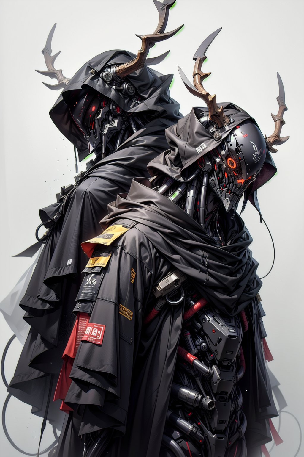 ground level shot on a Canon EOS-1DX Mark III camera with a Canon EF 24-70mm f/2.8L II USM lens of an enigmatic black hooded cybernetic daemon shogun samurai with deer horns samurai helmet, and black mask, enigmatic black hardware and nanotubes on cloak, cybernetic chrome hardware, photo realistic, maximum details, :blank :white studio background --chaos 10 --ar 4:5 --stylize 250 --v 6.0