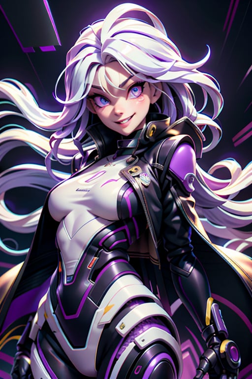 android, mechanical arms, lightning, purple lightning, clouds, (dark theme:1.3), outstretched arms, wide eyed, limited pallete, cinematic lighting, backlight, white hair, absurdly long hair, hair over one eye, purple eyes, seductive smile, evil smile, wide-eyed, head tilt, white jacket, purple, purple theme, open mouth, constricted pupils, ,Futuristic