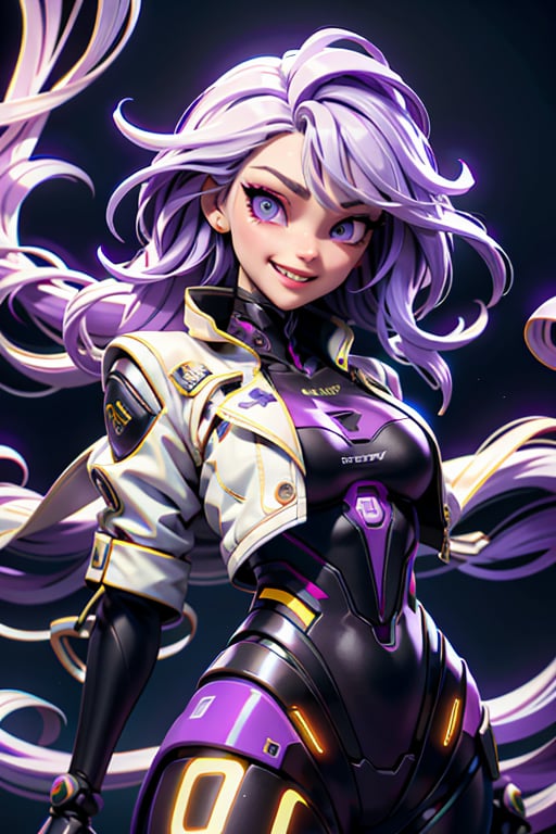 android, mechanical arms, lightning, purple lightning, clouds, (dark theme:1.3), outstretched arms, wide eyed, limited pallete, cinematic lighting, backlight, white hair, absurdly long hair, hair over one eye, purple eyes, seductive smile, evil smile, wide-eyed, head tilt, white jacket, purple, purple theme, open mouth, constricted pupils, ,Futuristic