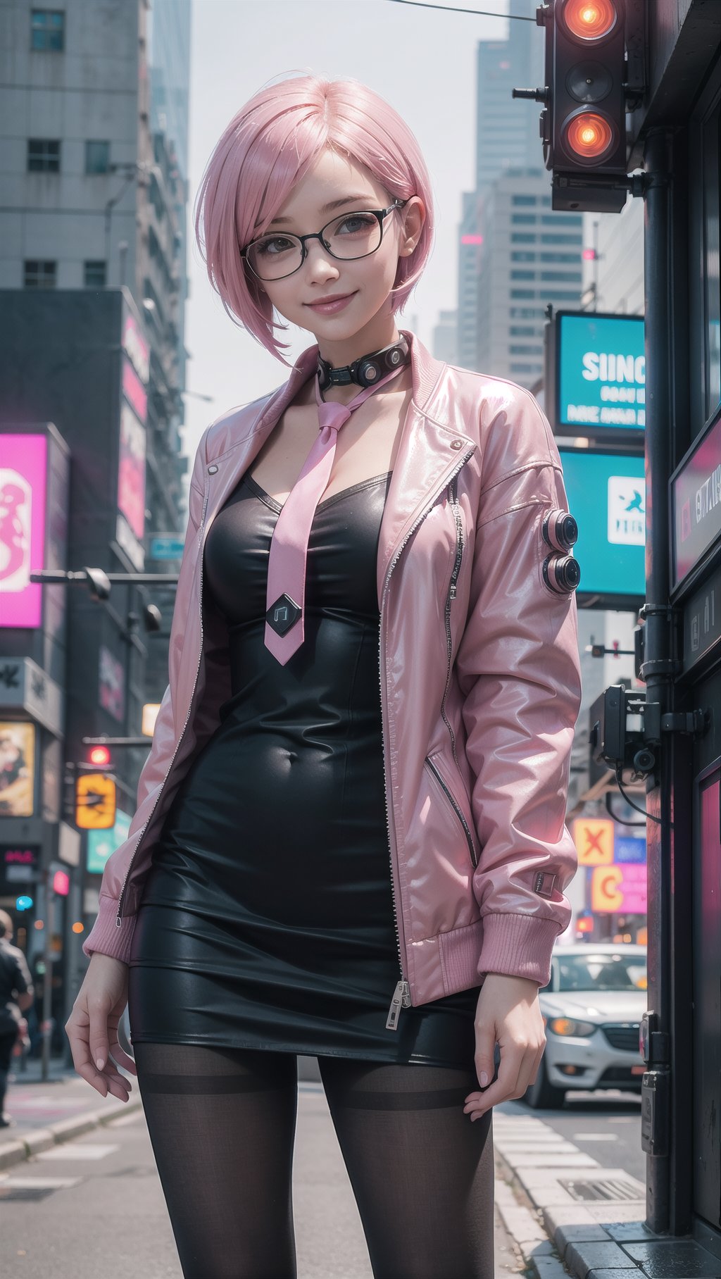 (masterpiece), best quality, high resolution, highly detailed, detailed background, perfect lighting, 1girl, pink hair, short hair, slender, medium breasts, smile, blush,  glasses, jacket, short dress, necktie, between_breasts, pantyhose, (cyberpunk:1.4), street, night, city, outdoor, sci-fi, futuristic clothes, ,Futuristic