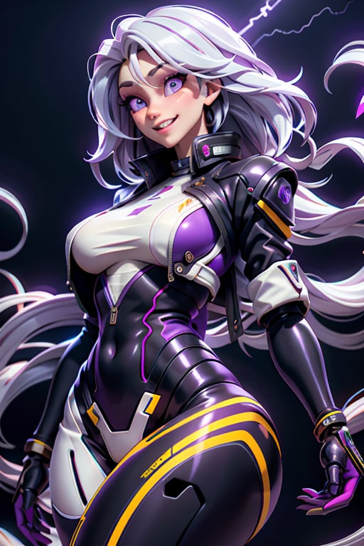 android, mechanical arms, lightning, purple lightning, clouds, (dark theme:1.3), outstretched arms, wide eyed, limited pallete, cinematic lighting, backlight, white hair, absurdly long hair, hair over one eye, purple eyes, seductive smile, evil smile, wide-eyed, head tilt, white jacket, purple, purple theme, open mouth, constricted pupils, ,Futuristic