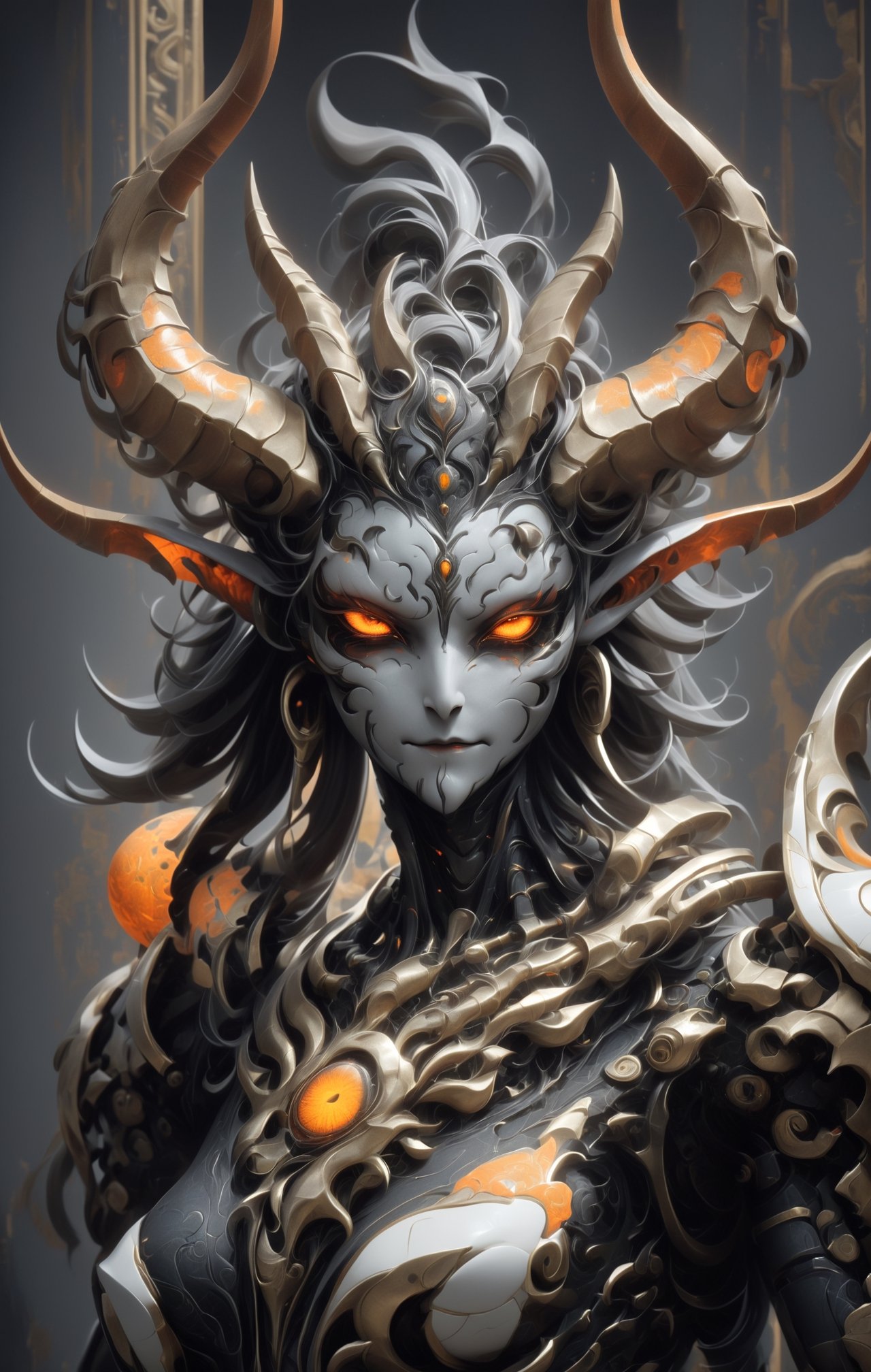 Create image of a symmetrical, fantastical being with an intricate design, blending organic and ornamental elements. The creature features ram-like, spiraling horns that are thick at the base and taper towards the tips. Between the horns lies a decorative, mandala-like pattern in light tones, mimicking the outline of a third eye. The being's face is humanoid but otherworldly, pale with sharp, darkened eye sockets that house glowing, orange eyes. Its nose is subtle, and its mouth forms a small, grimacing smile. Directly below, similar ornamental patterns repeat, with glowing orange accents resembling eyes.

The entity's shoulders and torso seem to form a dark, armor-like carapace, adorned with similar organic decorations and faint hints of reflective, metallic surfaces, suggesting hard, chitinous material. The color palette is dominated by dark greys, browns, and blacks, with strategic use of an orange glow to emphasize eyes and patterns, giving the impression of an inner fire. The background blends seamlessly into the figure, echoing the dark and mysterious atmosphere with hints of similar patterns and shapes, suggesting an environment that is as decorated and alive as the being itself.

The artwork has a baroque feel, rich in detail and ornamentation, with a balance between the fierce and the delicate. The proportions emphasize the creature's majestic presence, with the spiraling horns and decorative patterns adding to its height and the imposing quality of its visage., 3D SINGLE TEXT,ruidg,robot,niji6