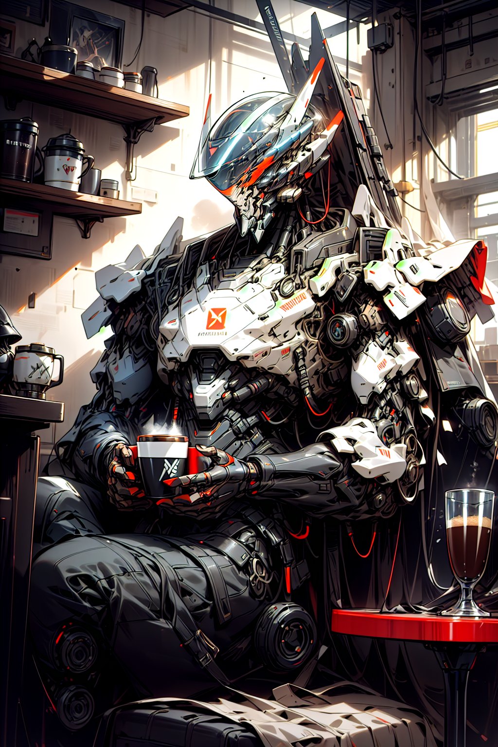 Military cyborg with human face, wear bulky metal glossy armor and red neon glass helmet. feeling cozy having cup of coffee . Style: Hyper-realistic, surreal, and cinematic. Render Engines: Vray and Octane. Lighting: Cinematic, with dramatic shadows. Pose: Dynamic cozy pose. Background: minimalist futuristic coffee house interior with other robots, Futuristic