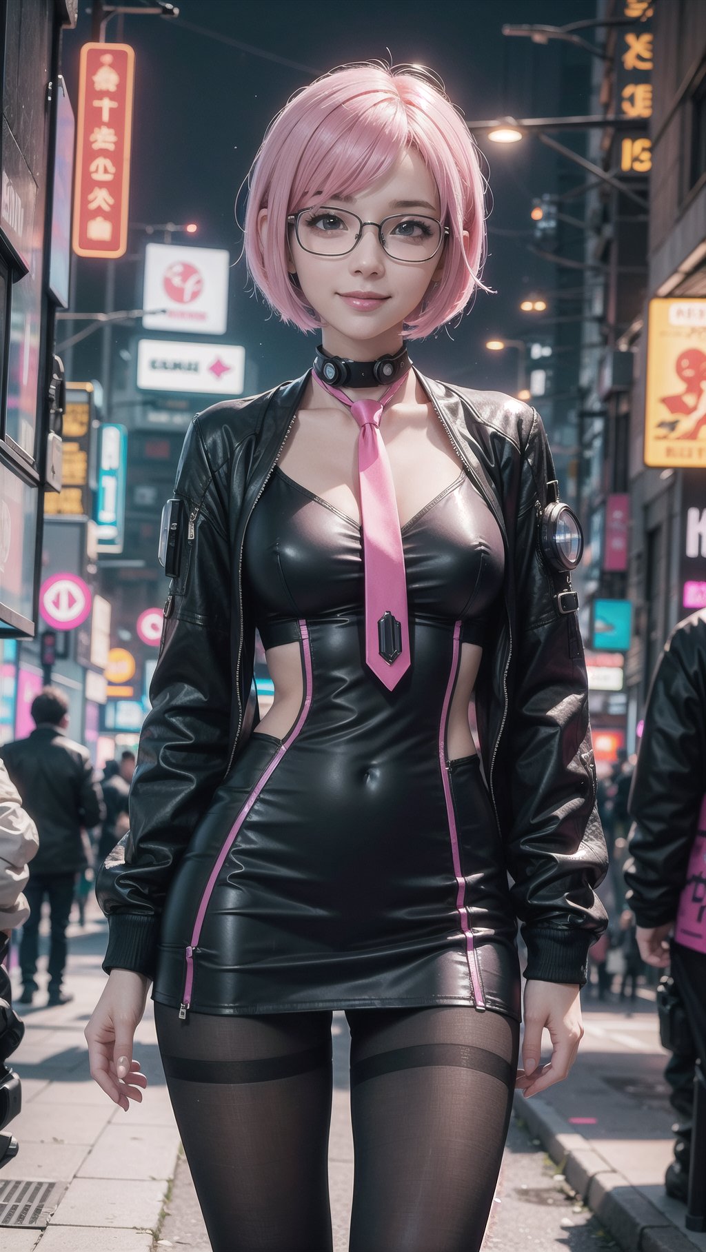 (masterpiece), best quality, high resolution, highly detailed, detailed background, perfect lighting, 1girl, pink hair, short hair, slender, medium breasts, smile, blush,  glasses, jacket, short dress, necktie, between_breasts, pantyhose, (cyberpunk:1.4), street, night, city, outdoor, sci-fi, futuristic clothes, ,Futuristic