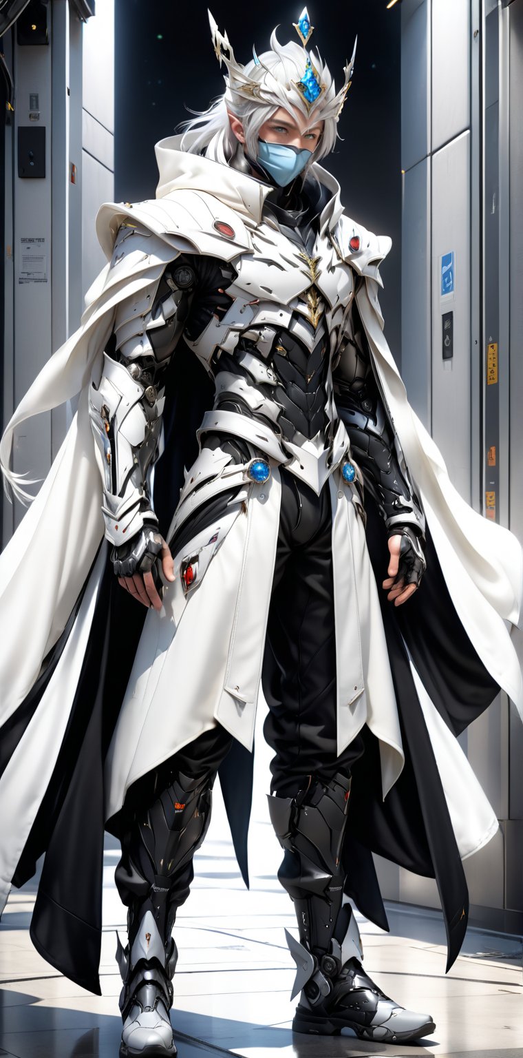 A realistic full-body length digital model poster in anime style featuring a young man with white hair, long hair, very long hair and blue eyes, wearing a king's crown, a hood, a hood up, a hooded jacket, a white jacket, a long jacket, a futuristic robe, black pants, a mouth mask, open clothes, an exosuit and wearing shoes, with a futuristic background, HDR, UHD, 64K resolution, stable diffusion