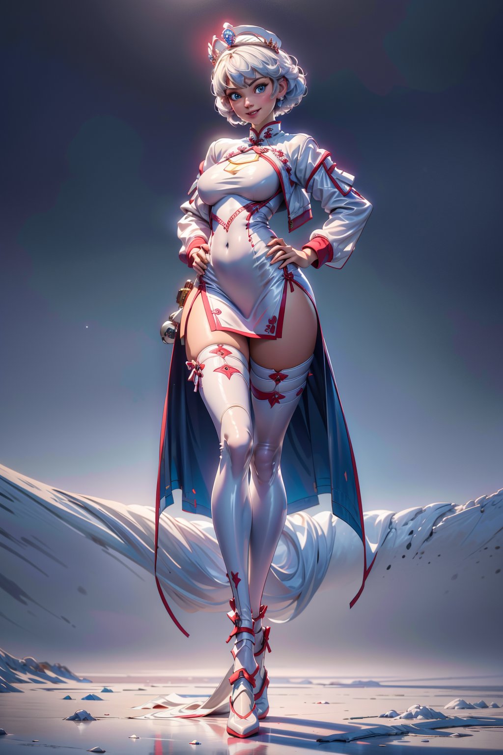 create a full body length of a 1girl, solo, young woman, huge boob, short hair, white hair, blue eyes, smiling, female focus, wearing queen crown, white jacket, white cheongsam, short cheongsam, mecha, wearing high heel, front view, standing confidently with spread leg and crossed arms, perfect hands,