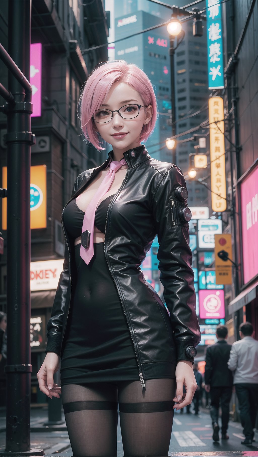 (masterpiece), best quality, high resolution, highly detailed, detailed background, perfect lighting, 1girl, pink hair, short hair, slender, medium breasts, smile, blush,  glasses, jacket, short dress, necktie, between_breasts, pantyhose, (cyberpunk:1.4), street, night, city, outdoor, sci-fi, futuristic clothes, ,Futuristic