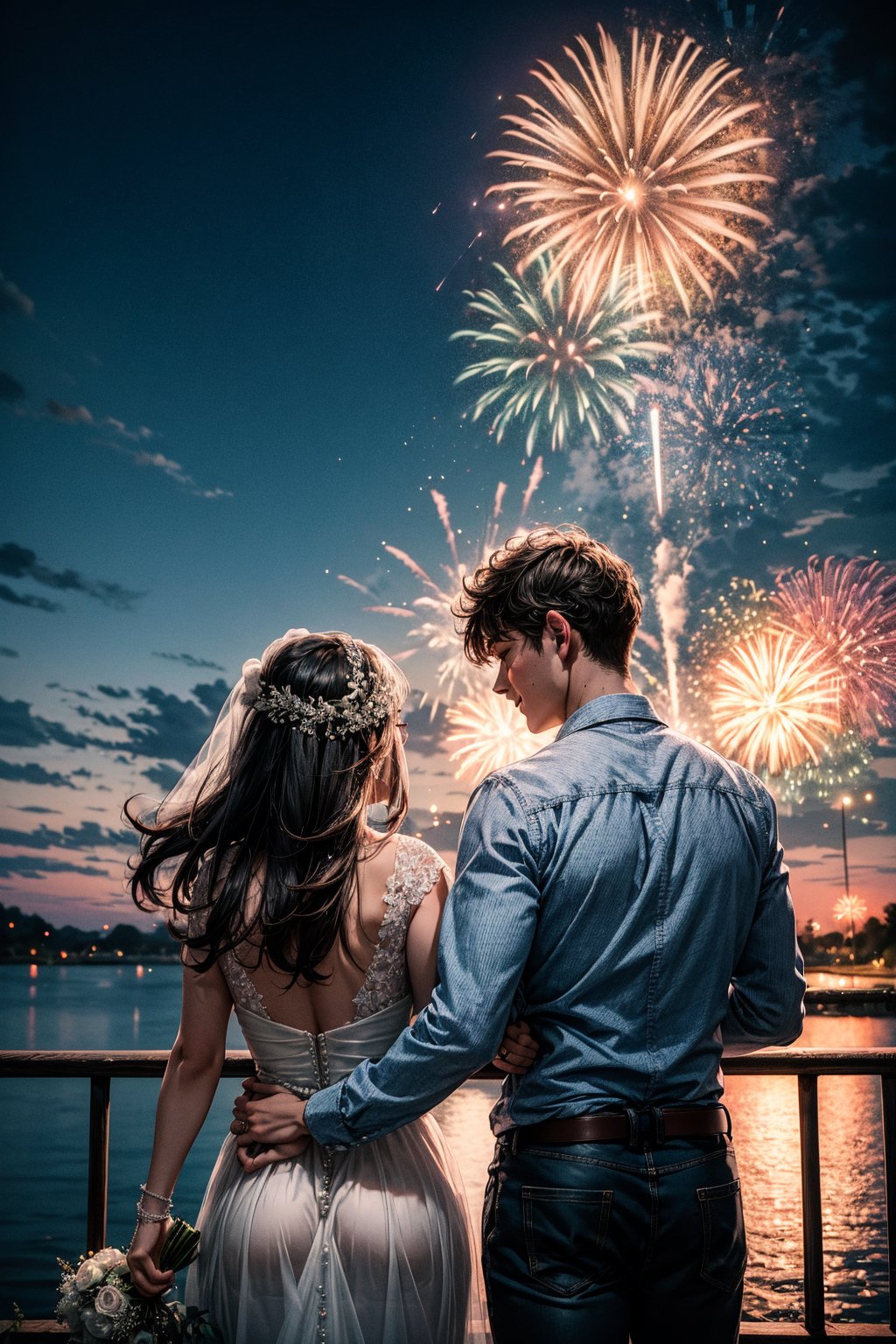 A couple getting married, outdoor, landscape, fireworks in a sky, (From behind:1.2). Raw photo, depth of field, UHD, retina, masterpiece, super detail, high details, high quality, award winning, best quality, highres, 