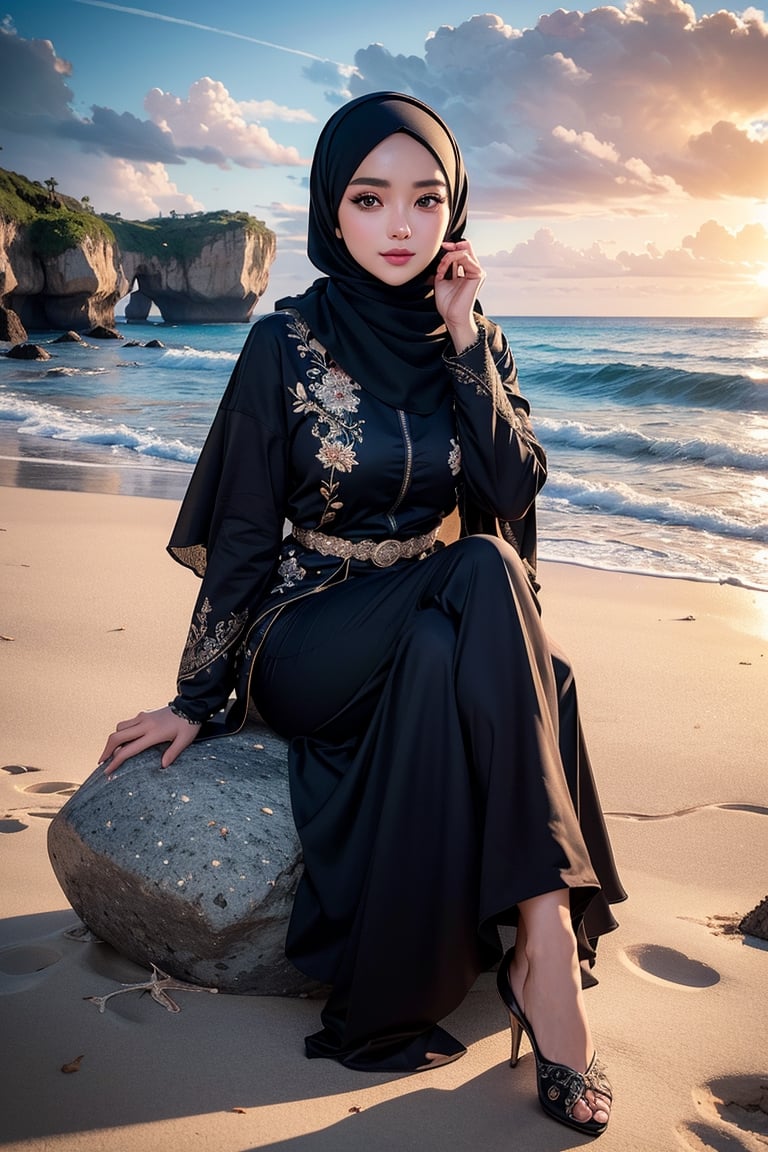 a beautiful Malaysian idol, full hijab, long hijab, sitting at the rock and looking to the front at the beach, wearing short abaya outfit,  hyper detailed perfect face, full body view, long legs, perfect body, high-resolution perfect face, perfect proportions, intricate hyperdetailed hair, highly detailed, intricate hyperdetailed shining eyes, ethereal, graceful, HDR, UHD, high resolution, 64k resolution, cinematic lighting, special effects, stable diffusion,