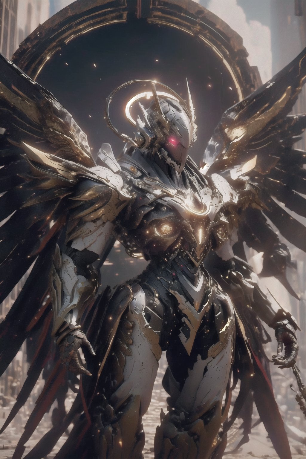 solo, red eyes, holding, weapon, wings, holding weapon, gun, no humans, glowing, halo, robot, building, holding gun, mecha, science fiction, mechanical wings, Hyper Detailed, Cinematic Lighting Photography capturing every intricate detail, shot on nvidia rtx for realism, showcasing super-resolution and rendered in Unreal 5. Enhanced with subsurface scattering and PBR texturing for a lifelike appearance, in stunning 32k UHD resolution.  ,wrenchsmechs