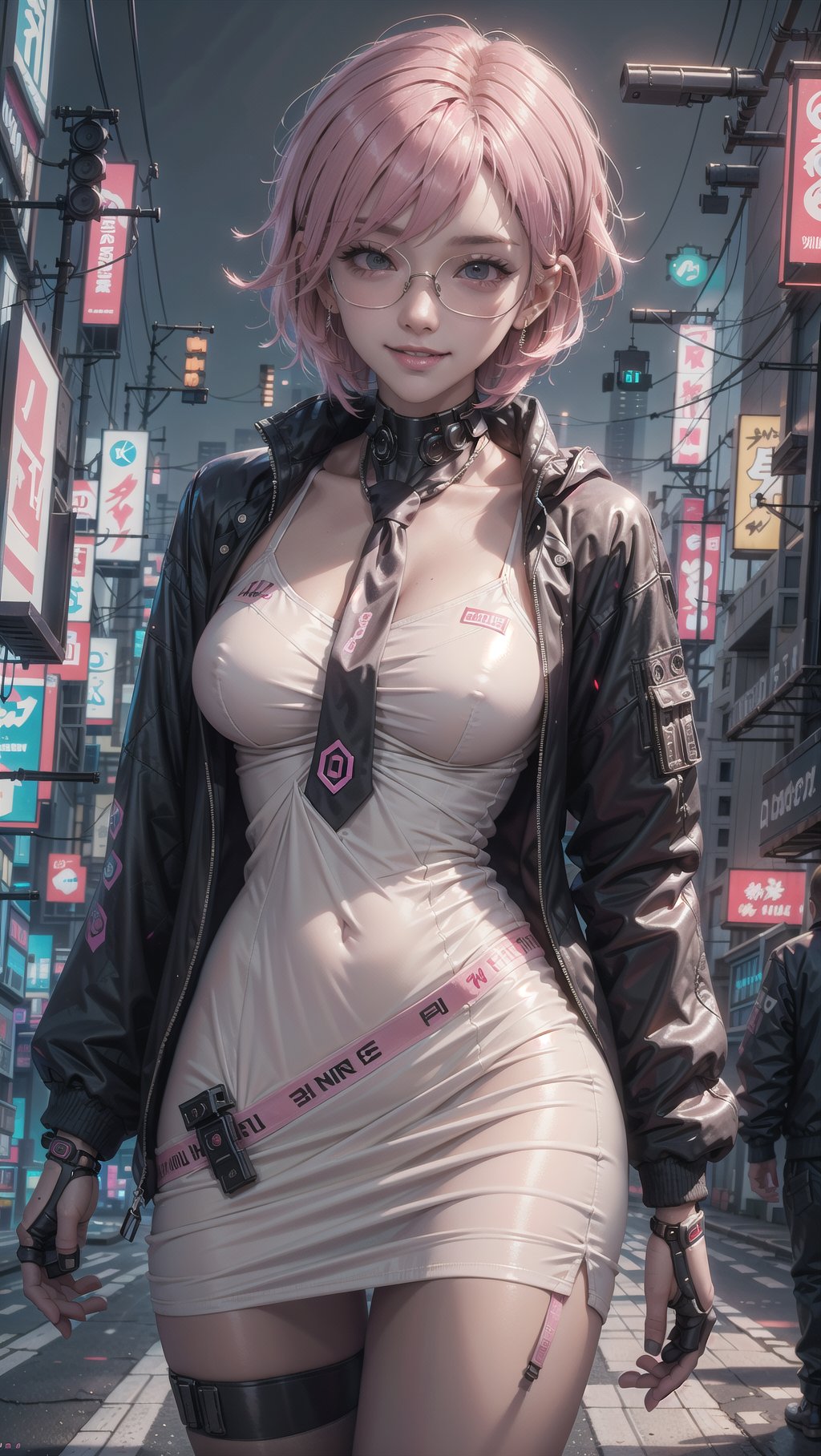 (masterpiece), best quality, high resolution, highly detailed, detailed background, perfect lighting, 1girl, pink hair, short hair, slender, medium breasts, smile, blush,  glasses, jacket, short dress, necktie, between_breasts, pantyhose, (cyberpunk:1.4), street, night, city, outdoor, sci-fi, futuristic clothes, ,Futuristic