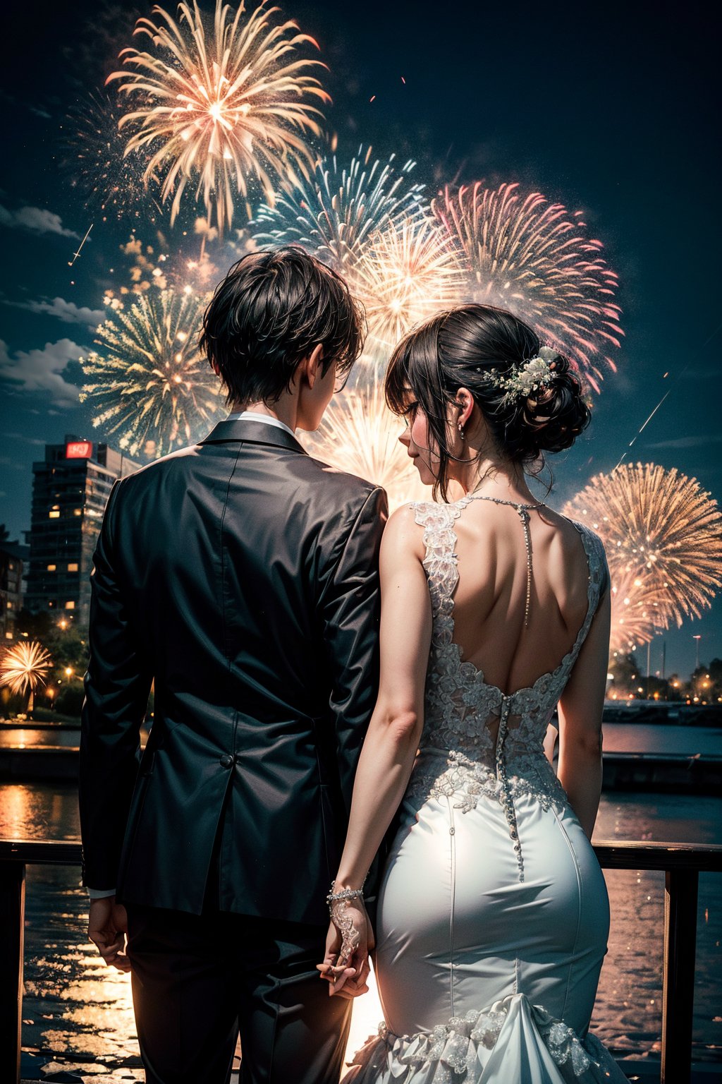 A couple getting married, outdoor, landscape, fireworks in a sky, (From behind:1.2). Raw photo, depth of field, UHD, retina, masterpiece, super detail, high details, high quality, award winning, best quality, highres, 