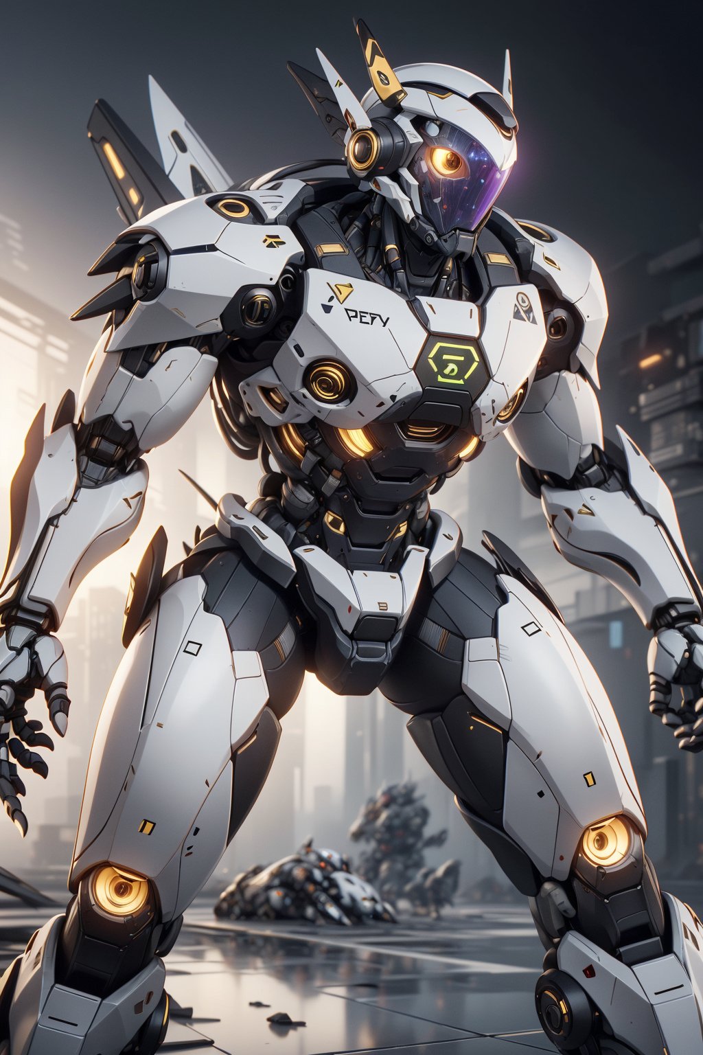 Create an poster image full lenght of a white dragon Robot Mecha Soldier, wearing Futuristic gold and white Soldier Armor and Weapons, Front View, Bring The Weapon, Reflection Mapping, Realistic Figure, Hyper Detailed, Cinematic Lighting Photography, hdr, ray tracing, nvidia rtx, super-resolution, unreal 5, subsurface scattering, pbr texturing, post-processing, anisotropic filtering, depth of field, maximum clarity and sharpness, hyper realism, depth of field --ar 51:64 --niji 6 --style raw