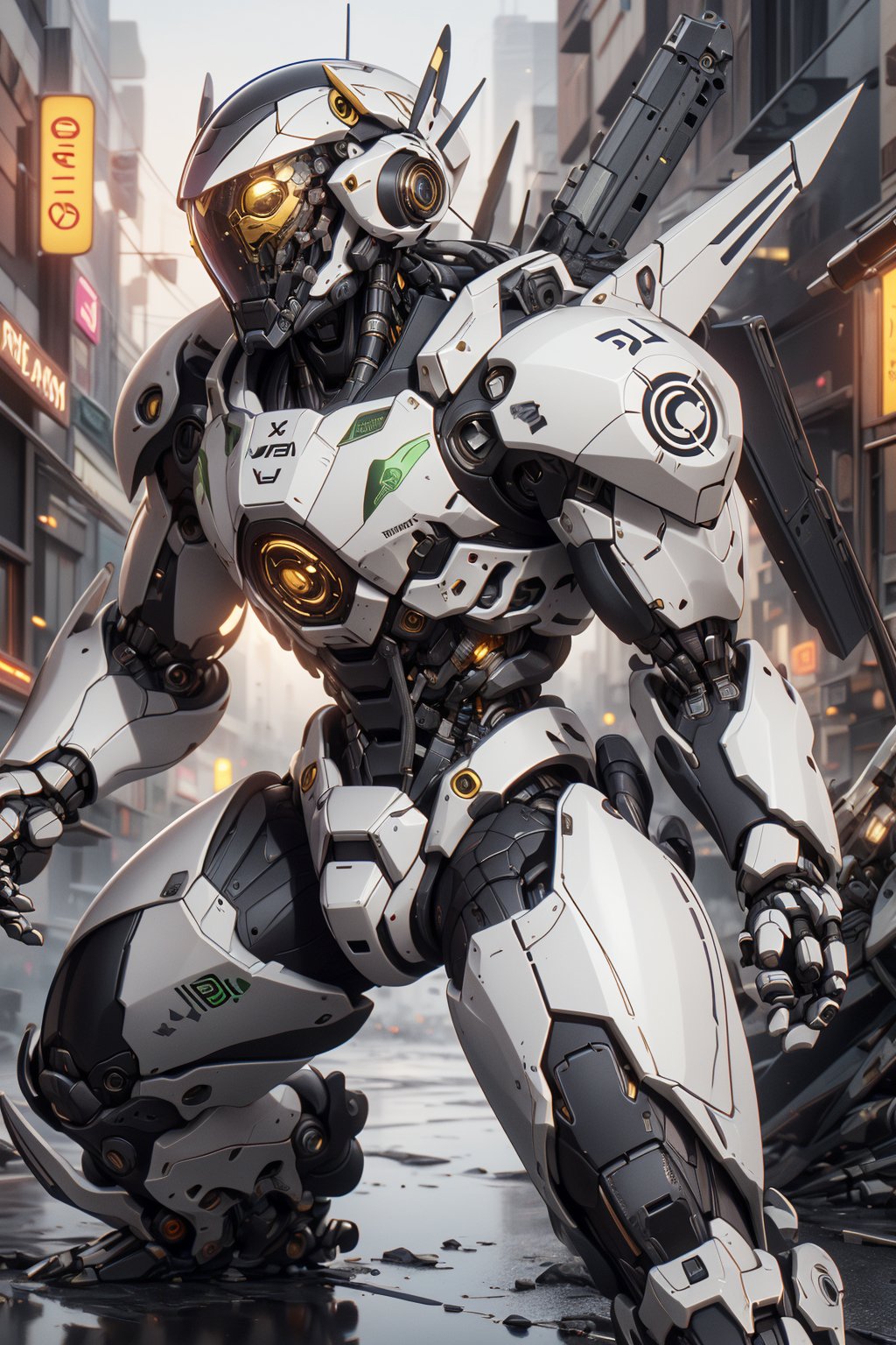 Create an poster image full lenght of a white dragon Robot Mecha Soldier, wearing Futuristic gold and white Soldier Armor and Weapons, Front View, Bring The Weapon, Reflection Mapping, Realistic Figure, Hyper Detailed, Cinematic Lighting Photography, hdr, ray tracing, nvidia rtx, super-resolution, unreal 5, subsurface scattering, pbr texturing, post-processing, anisotropic filtering, depth of field, maximum clarity and sharpness, hyper realism, depth of field --ar 51:64 --niji 6 --style raw