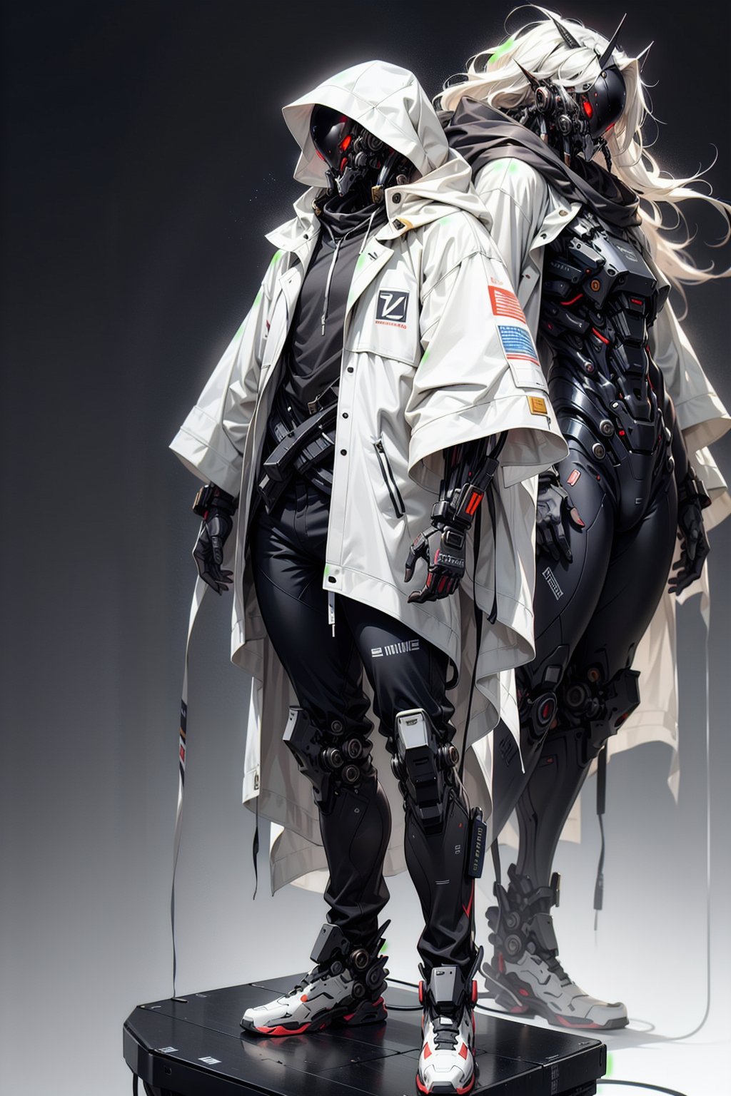 Create a full view length of a digital model poster in anime style featuring a young man with white hair, long hair, very long hair and blue eyes, wearing a king's crown, a hood, a hood up, a hooded jacket, a white jacket, a long jacket, a futuristic robe, black pants, a mouth mask, open clothes, an exosuit and wearing shoes, with a futuristic background, HDR, UHD, 64K resolution, stable diffusion
