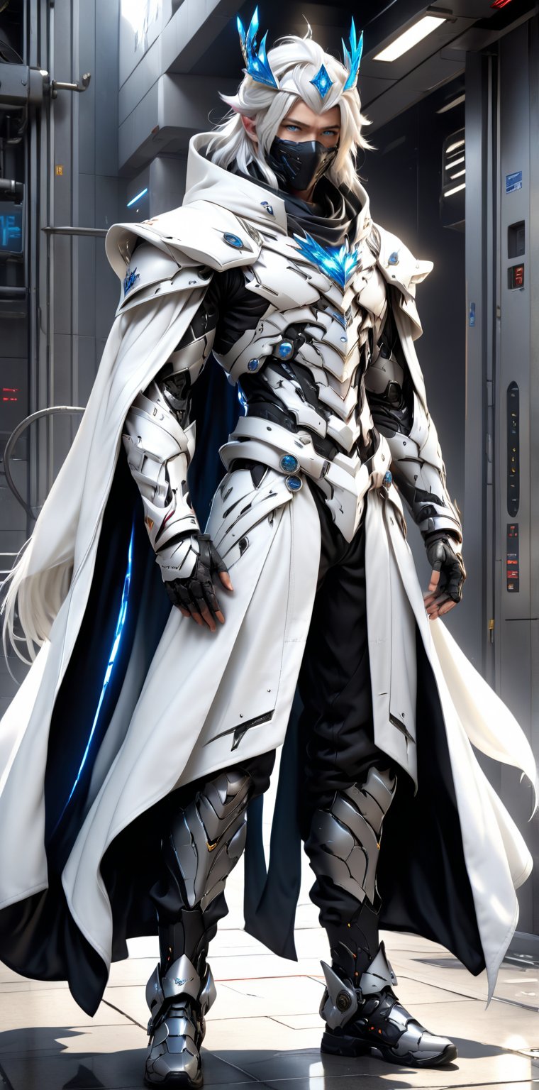 A realistic full-body length digital model poster in anime style featuring a young man with white hair, long hair, very long hair and blue eyes, wearing a king's crown, a hood, a hood up, a hooded jacket, a white jacket, a long jacket, a futuristic robe, black pants, a mouth mask, open clothes, an exosuit and wearing shoes, with a futuristic background, HDR, UHD, 64K resolution, stable diffusion