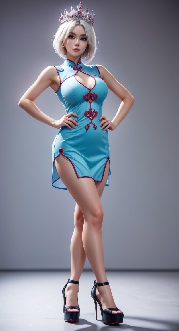 create a full body length of a 1girl, solo, young woman, huge boob, short hair, white hair, blue eyes, female focus, wearing queen crown, sleeveless, white cheongsam, short cheongsam, wearing stoking, wearing high heel, front side view, standing confidently with spread leg and hands on hip, photorealistic, 8k ultra hd,