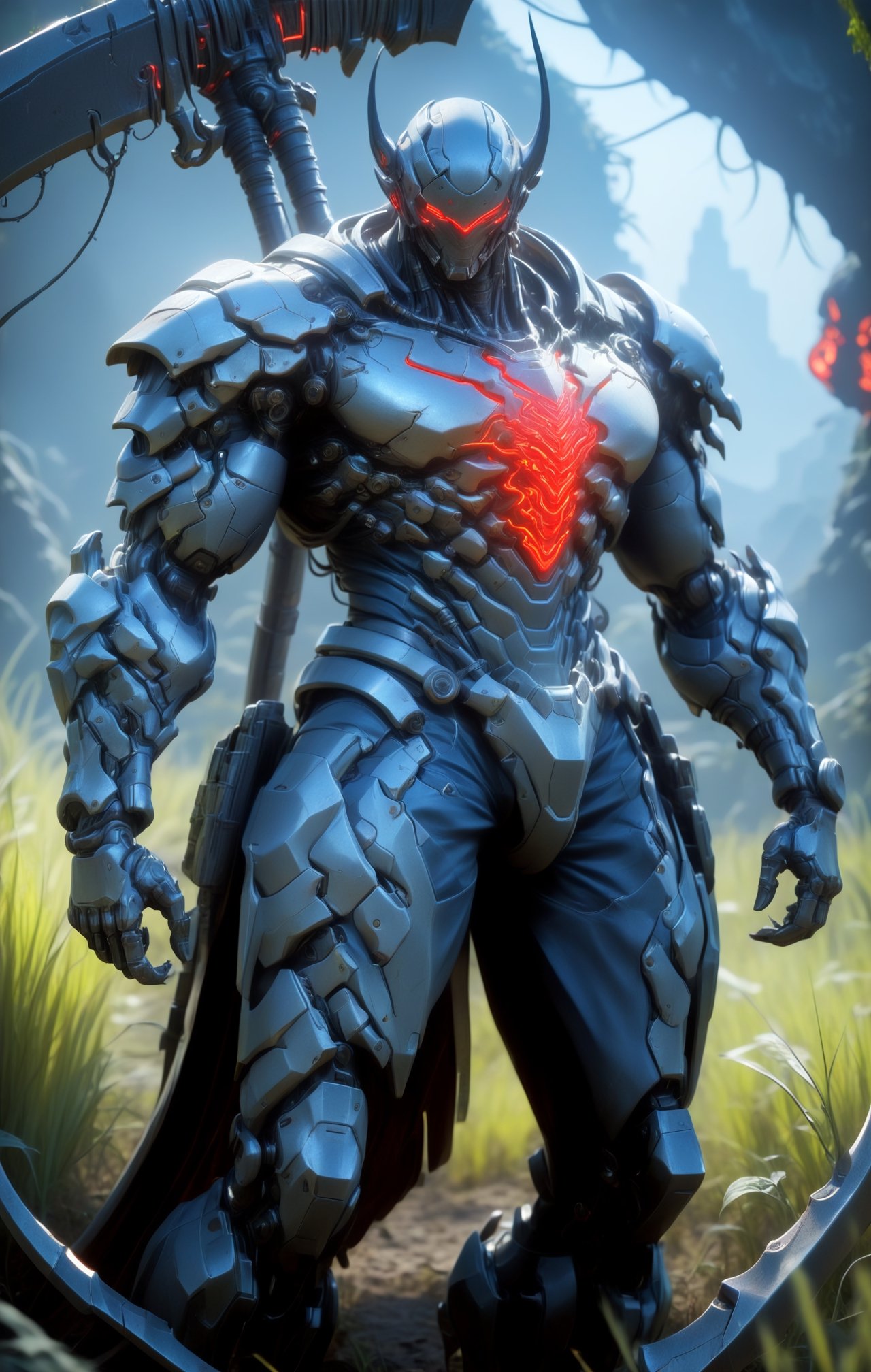 A futuristic sci-fi scene featuring the neon man, a mysterious figure with intricate details on his skin and armor, standing in an eerie overgrown field. The air is electric as he swings a majestic scythe with a steel chain handle, illuminating the darkness with a mesmerizing neon red glow. In the background, remnants of a forgotten civilization loom large, shrouded in shadows and mystery. Cinematic film still, dark fantasy, high budget, shallow depth of field, vignette, highly detailed, bokeh, cinemascope, moody, epic, gorgeous, film grain, grainy