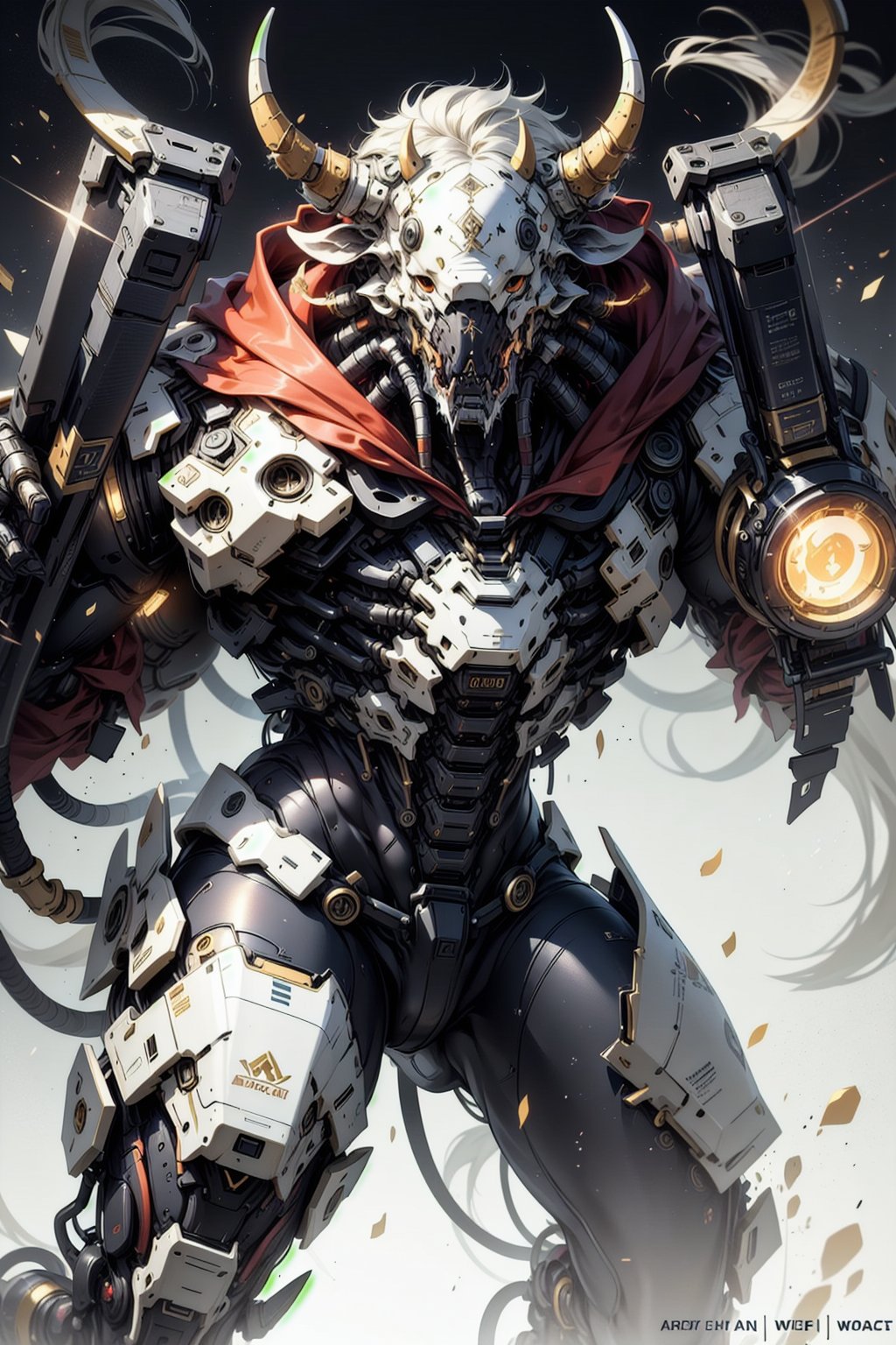 Close up of a warrior cow wearing a cybernetic suit with Warcraft elements, holding big guns in a dynamic fighting action pose. The colors are royal gold and royal white, inspired by Warcraft games.