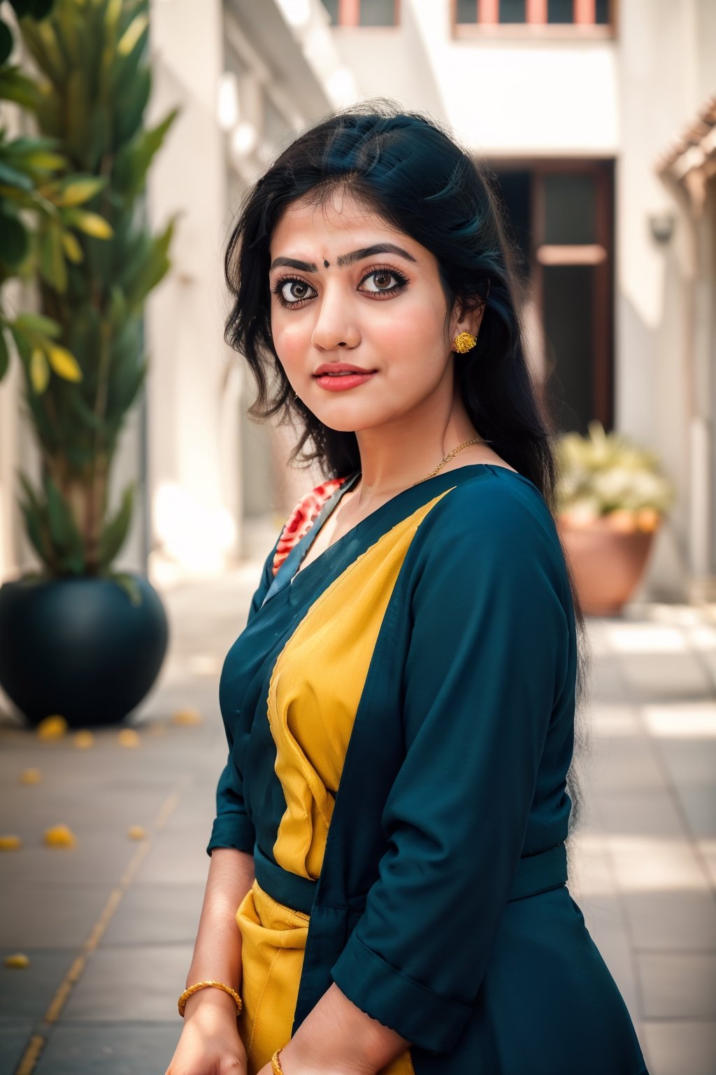 Raw photo of (27yo  Beautiful woman:1.1) (best quality, highres, ultra-detailed:1.2), vibrant colors, red, blue, black, yellow, orange, cinematic colour grading,  Moody colour grading, vilot, glowing dimond, glowing eyes, realistic Raw photo, realistic lighting, traditional saree, royal background , traditional Indian house, Indian culture, exotic beauty, exotic beauty, mesmerizing eyes,Mallu ,Indian dress,Bigger eyes