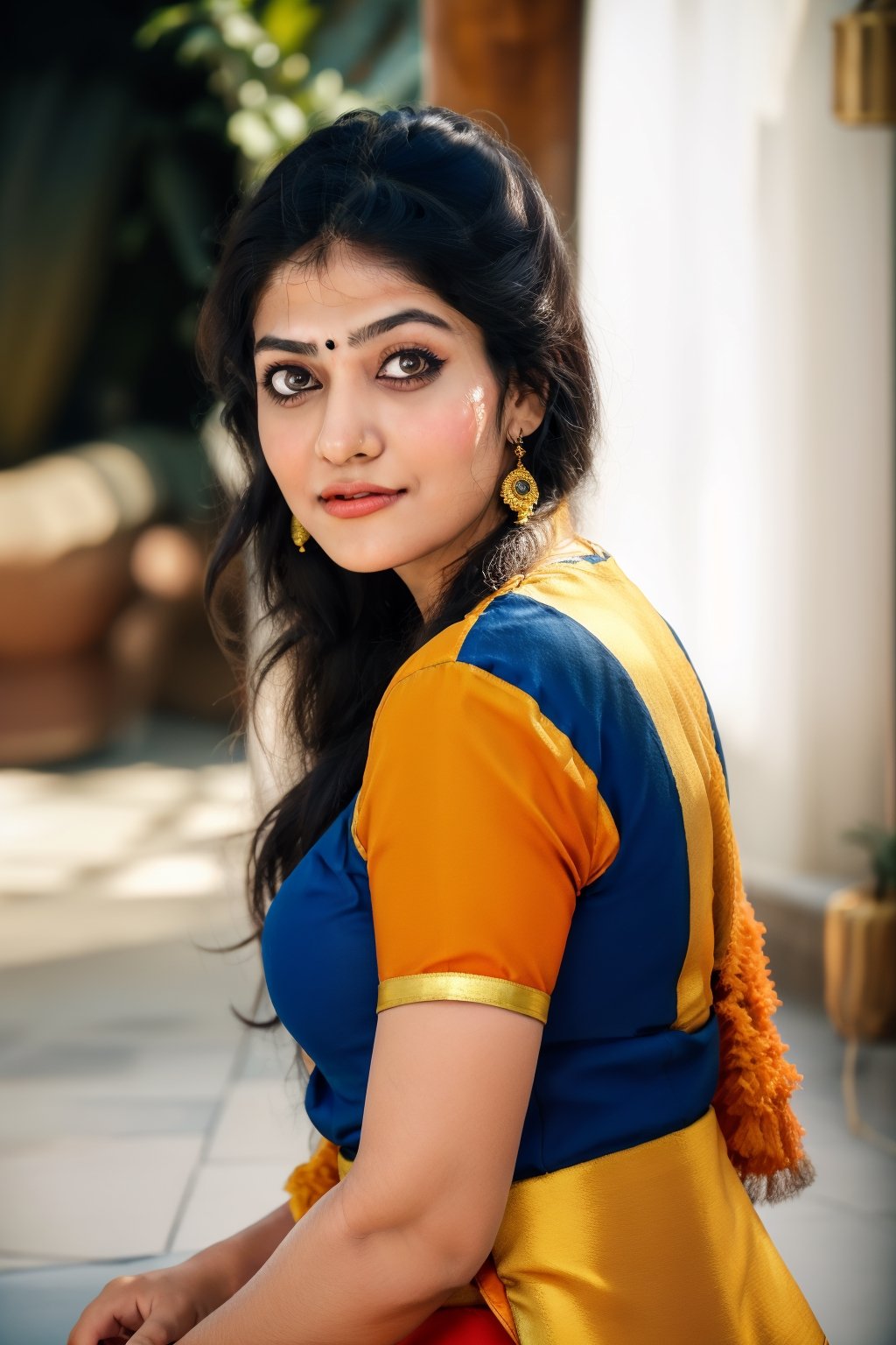 Raw photo of (27yo  Beautiful woman:1.1) (best quality, highres, ultra-detailed:1.2), vibrant colors, red, blue, black, yellow, orange, cinematic colour grading,  Moody colour grading, vilot, glowing dimond, glowing eyes, realistic Raw photo, realistic lighting, traditional saree, royal background , traditional Indian house, Indian culture, exotic beauty, exotic beauty, mesmerizing eyes,Mallu ,Indian dress,Bigger eyes