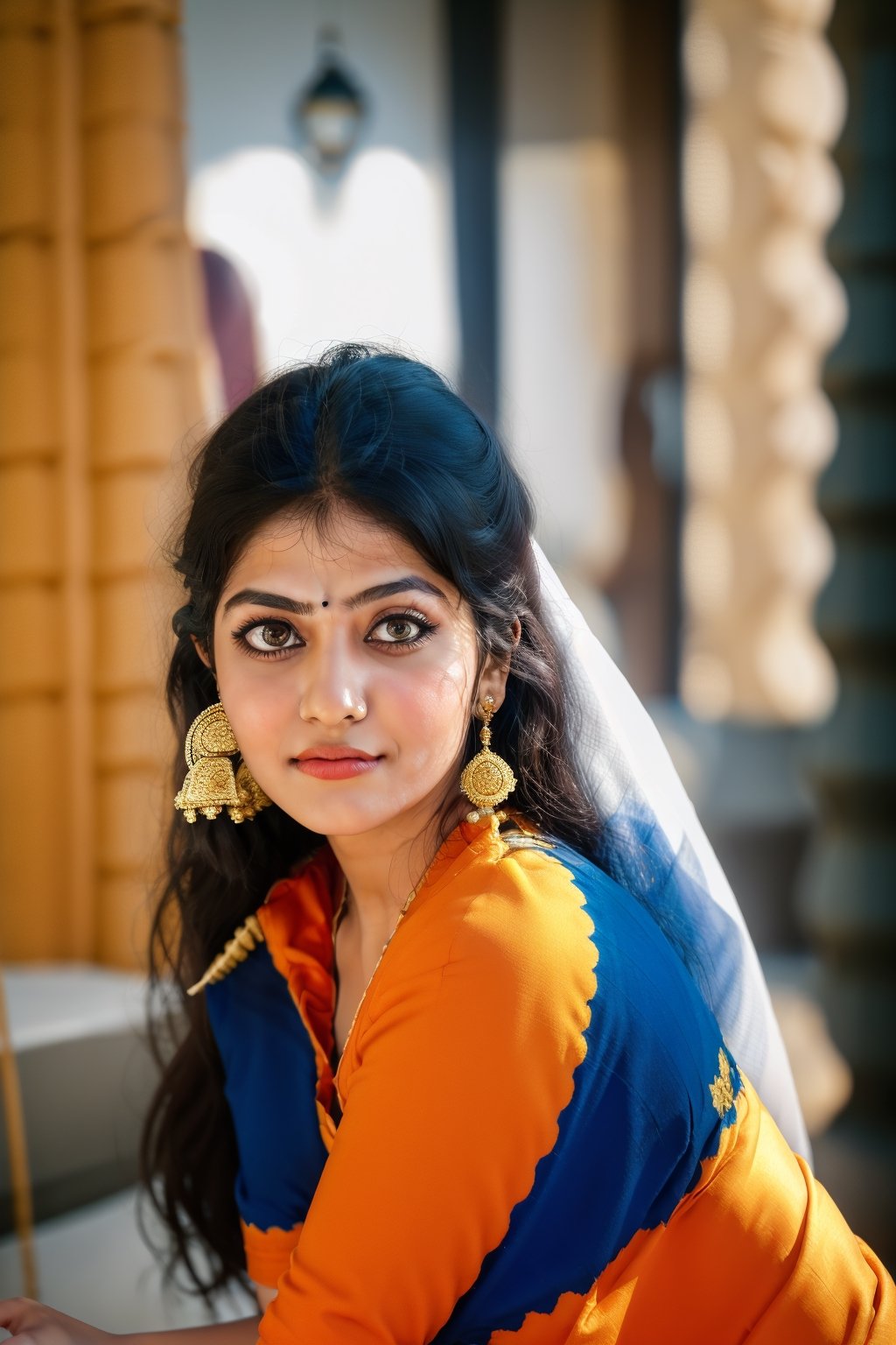 Raw photo of (27yo  Beautiful woman:1.1) (best quality, highres, ultra-detailed:1.2), vibrant colors, red, blue, black, yellow, orange, cinematic colour grading,  Moody colour grading, vilot, glowing dimond, glowing eyes, realistic Raw photo, realistic lighting, traditional saree, royal background , traditional Indian house, Indian culture, exotic beauty, exotic beauty, mesmerizing eyes,Mallu ,Indian dress,Bigger eyes