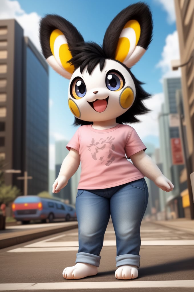 solo (anthro female emolga),
(light pink t-shirt, denim jeans, narrow body, young, paws, black hair, body fur, fur tufts, fur fluff, happy, big eyes, big eyelashes, glistening eyes, very cute, sexy pose, curvy body, full body outside, big metro city, outside, hot sunny day, standing)
3d, masterpiece, close up,