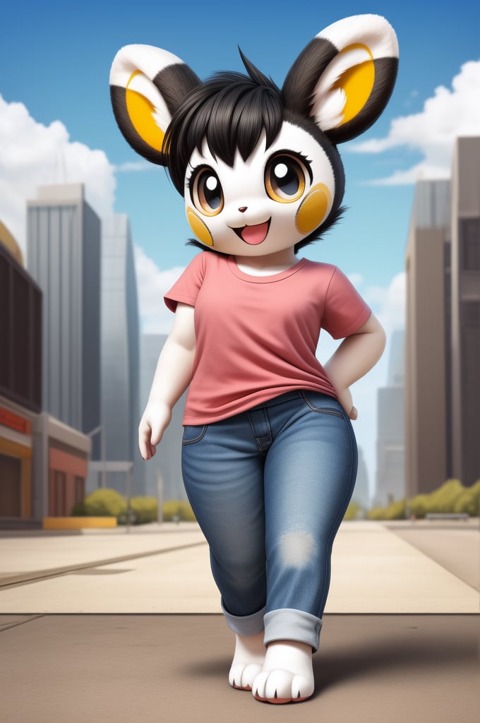 solo (anthro female emolga),
(light pink t-shirt, denim jeans, narrow body, tall body, young, paws, black hair, body fur, fur tufts, fur fluff, happy, big eyes, big eyelashes, glistening eyes, very cute, sexy pose, curvy body, full body outside, big metro city, outside, hot sunny day, standing)
3d, masterpiece, close up,