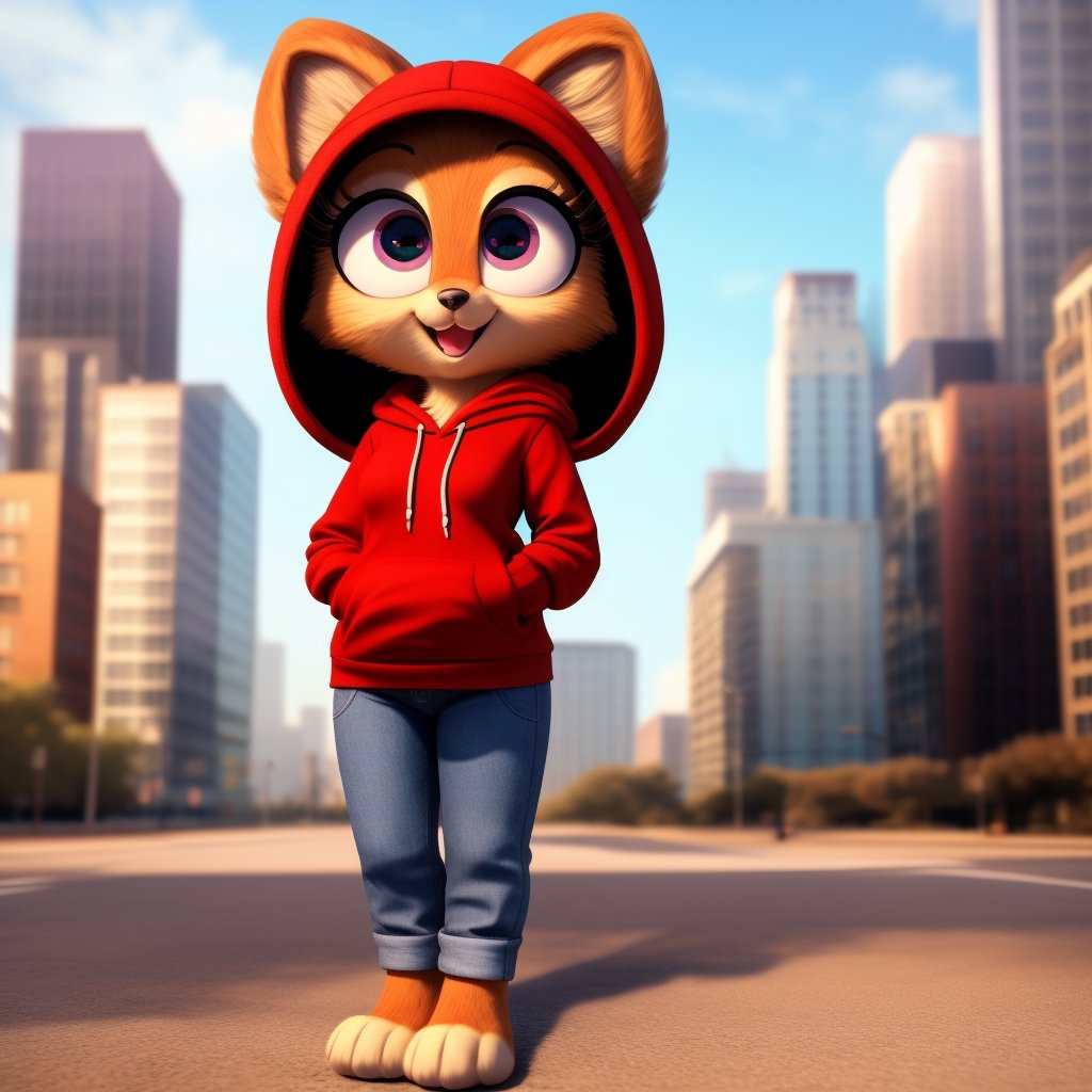 solo (anthro female kiff),
(hoodie, jeans, medium breasts, paws, young, body fur, fur tufts, fur fluff, happy, big eyes, glistening eyes, big eyelashes, very cute, full body, looking at viewer, standing, outside, city, landscape, hot sunny day)
3d, masterpiece, close up